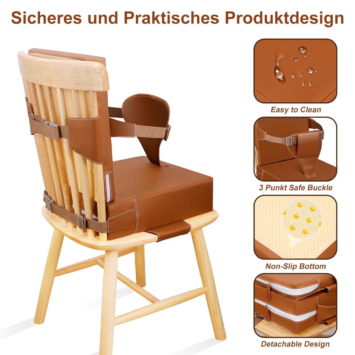 Toddler Booster Seat for Dining Table Kitchen Chair, Waterproof Non-Slip with Backrest & Adjustable Straps, Portable PU Travel Baby Kids Booster Seat Cushion