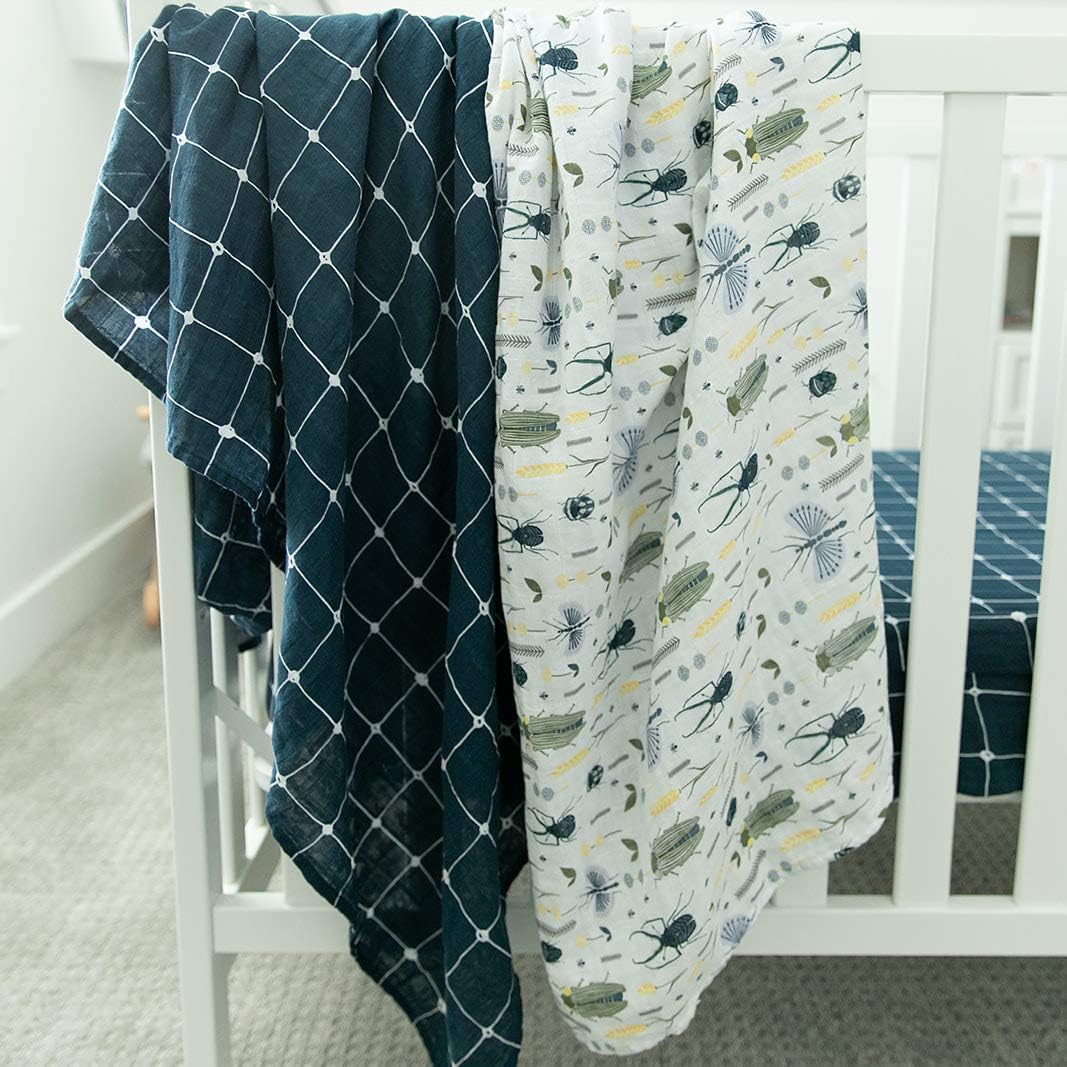 GRACED SOFT LUXURIES Premium Muslin Baby Swaddle Blankets 2 Pack | Large 47 x 47 inch | 100% Cotton Muslin Newborn Infant Swaddle Receiving Blanket Wrap (Busy Bugs | Dotted Grid)