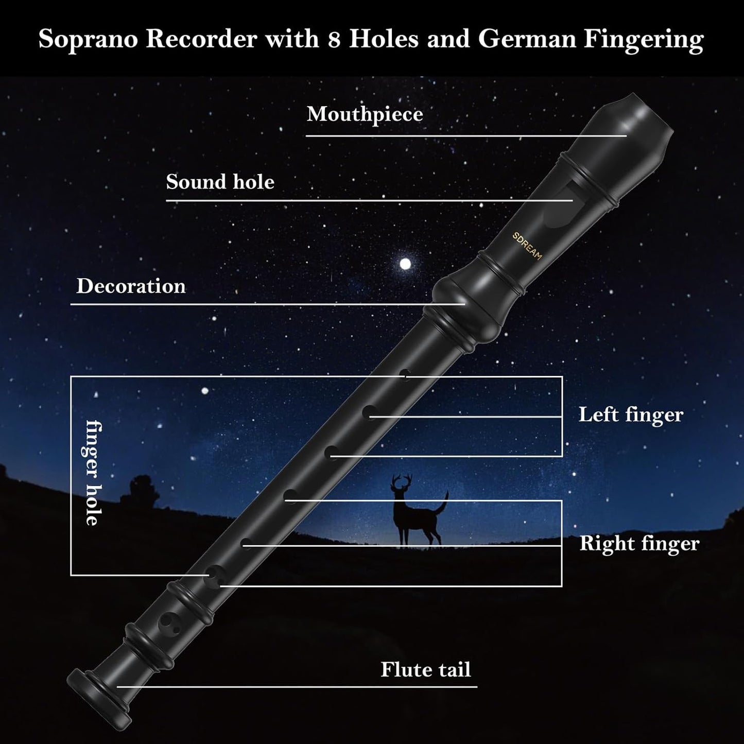 SDREAM Soprano Recorder Instrument for Kids Beginners&Student,8 Hole German Fingering Recorder Flute with Cleaning Rod & Leather Bag (Black)