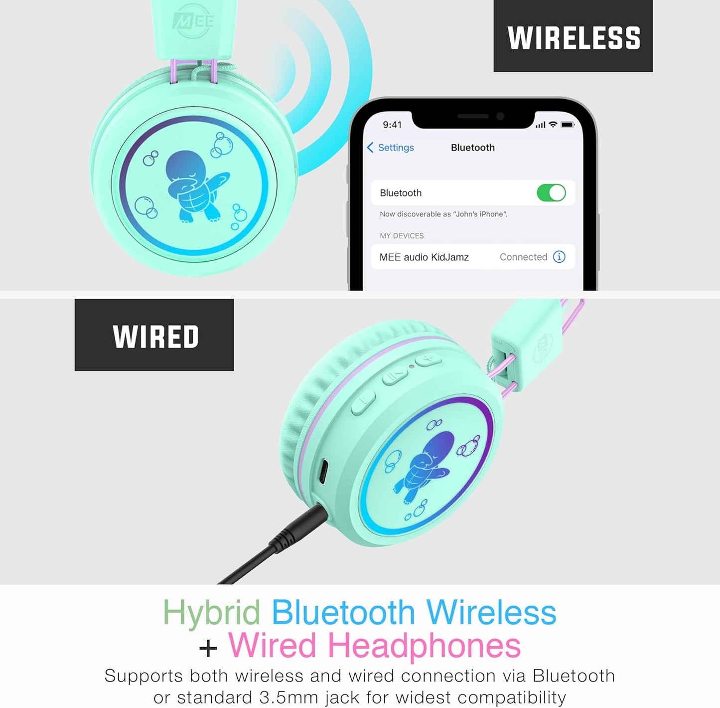 MEE audio KidJamz KJ55BT Personalized Bluetooth Wireless Safe Listening Headphones for Kids w/Custom LED-Backlit Design, Volume Limiter, Microphone; Kids Headset for School/iPhone/iPad/Tablet (Mint)