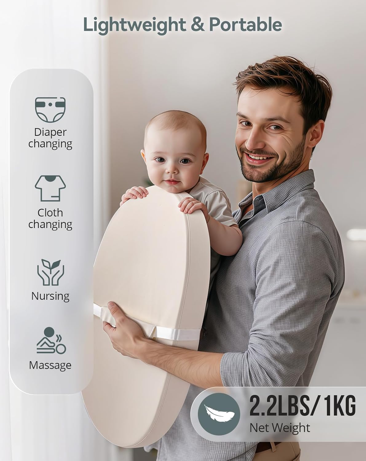 COMOMY Baby Changing Pad with Wipeable & Waterproof PU Cover, Contoured Diaper Changing Pad for Dresser with Non-Slip Safety Belt, Portable and Lightweight, Large Cushioned Foam, Beige