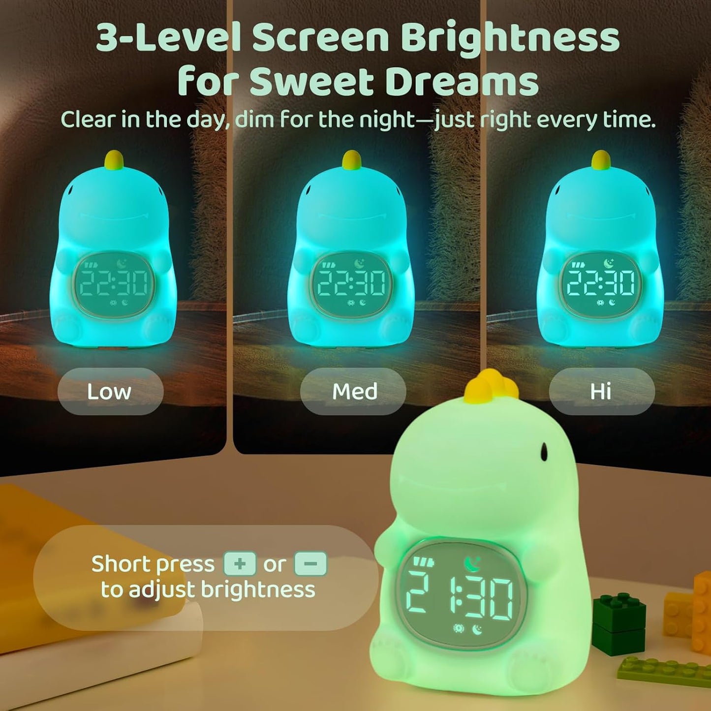 Dinosaurs Alarm Clock with Night Light for Kids with Sleep Training and Sound Machine, Rechargeable Silicone Lamp OK to Wake Clock,Cute Animal Tabletop Lamp, Perfect Sleep Companion for Boys Girls