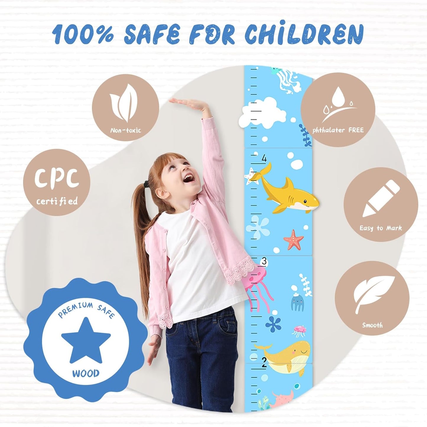 Personalized Name Marine Animals Wooden Growth Chart for Kids-Height Measurement for Wall Girls Boys Teen Room Wall Decor 62.7" x 14"