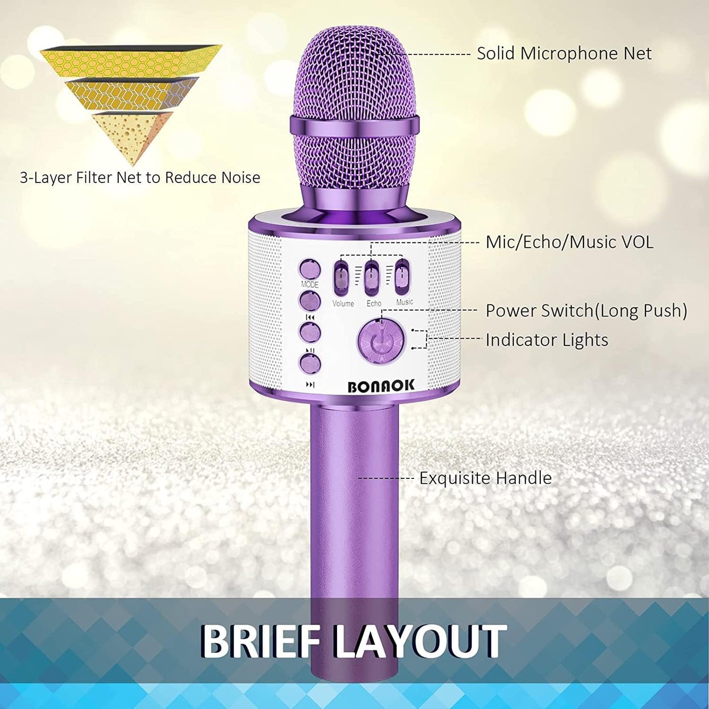 BONAOK Wireless Bluetooth Karaoke Microphone, 3-in-1 Portable Handheld Mic Speaker Machine for All Smartphones, for Girls Boys Kids Adults All Age Q37(Light Purple)