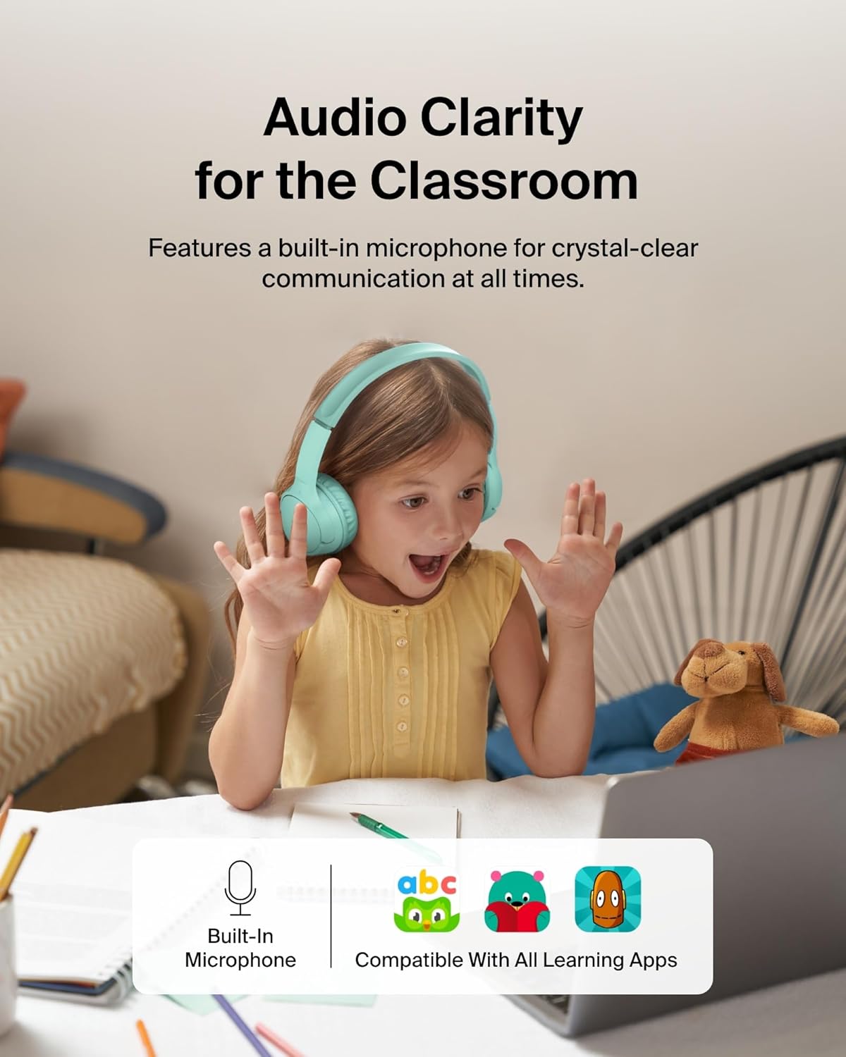 Belkin SoundForm Mini - Wireless Bluetooth Headphones for Kids with 30H Battery Life, 85dB Safe Volume Limit, Built-in Microphone - Kids On-Ear Earphones for iPhone, iPad, Fire Tablet & More - Mint