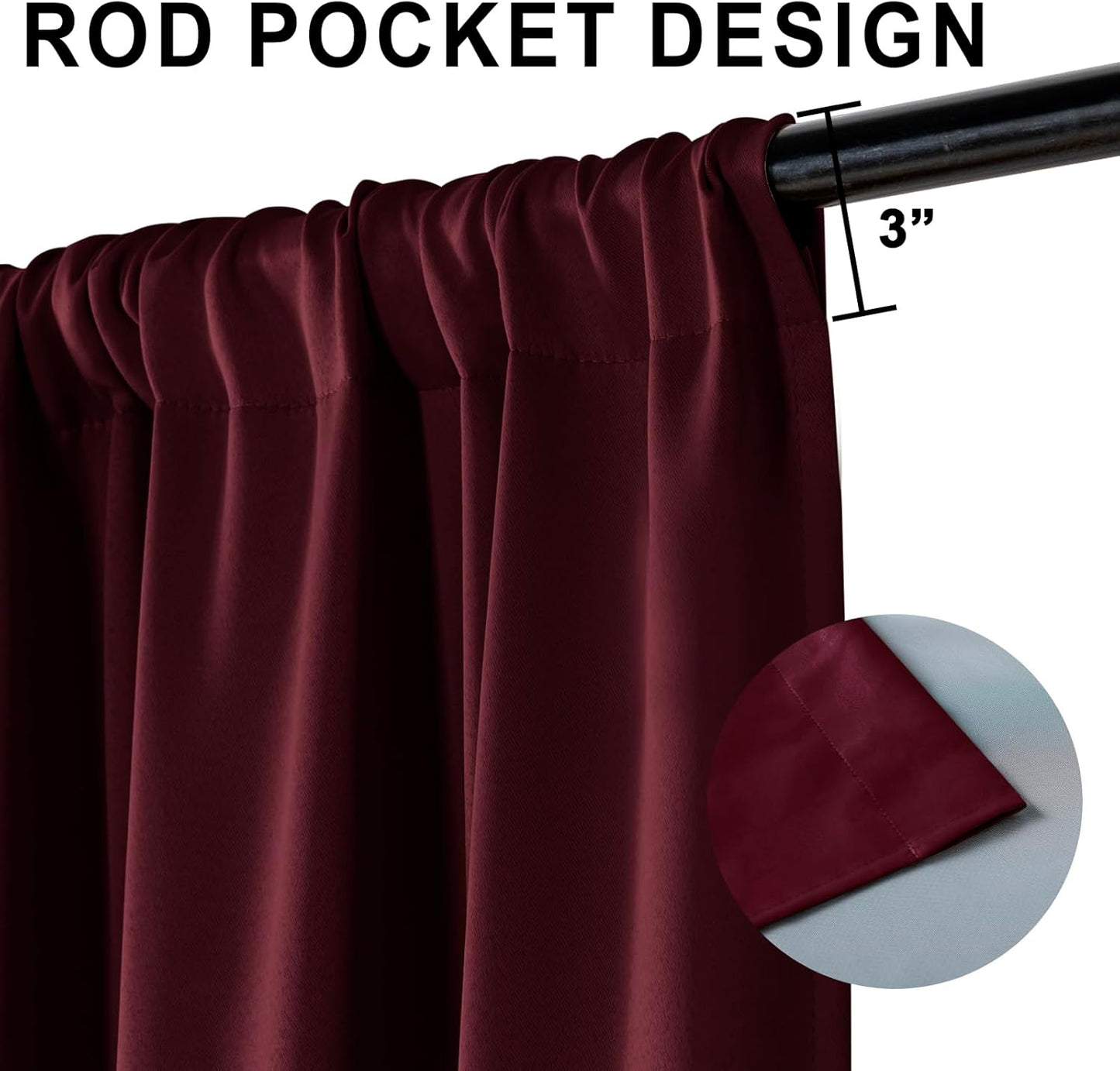 XWZO 100% Blackout Window Curtains - Thermal Insulated & Noise Reduction Black Liner Rod Pocket Window Treatment Sewn with Tiebacks for Bedroom/Living Room, Burgundy, W52 x L54, Set of 2