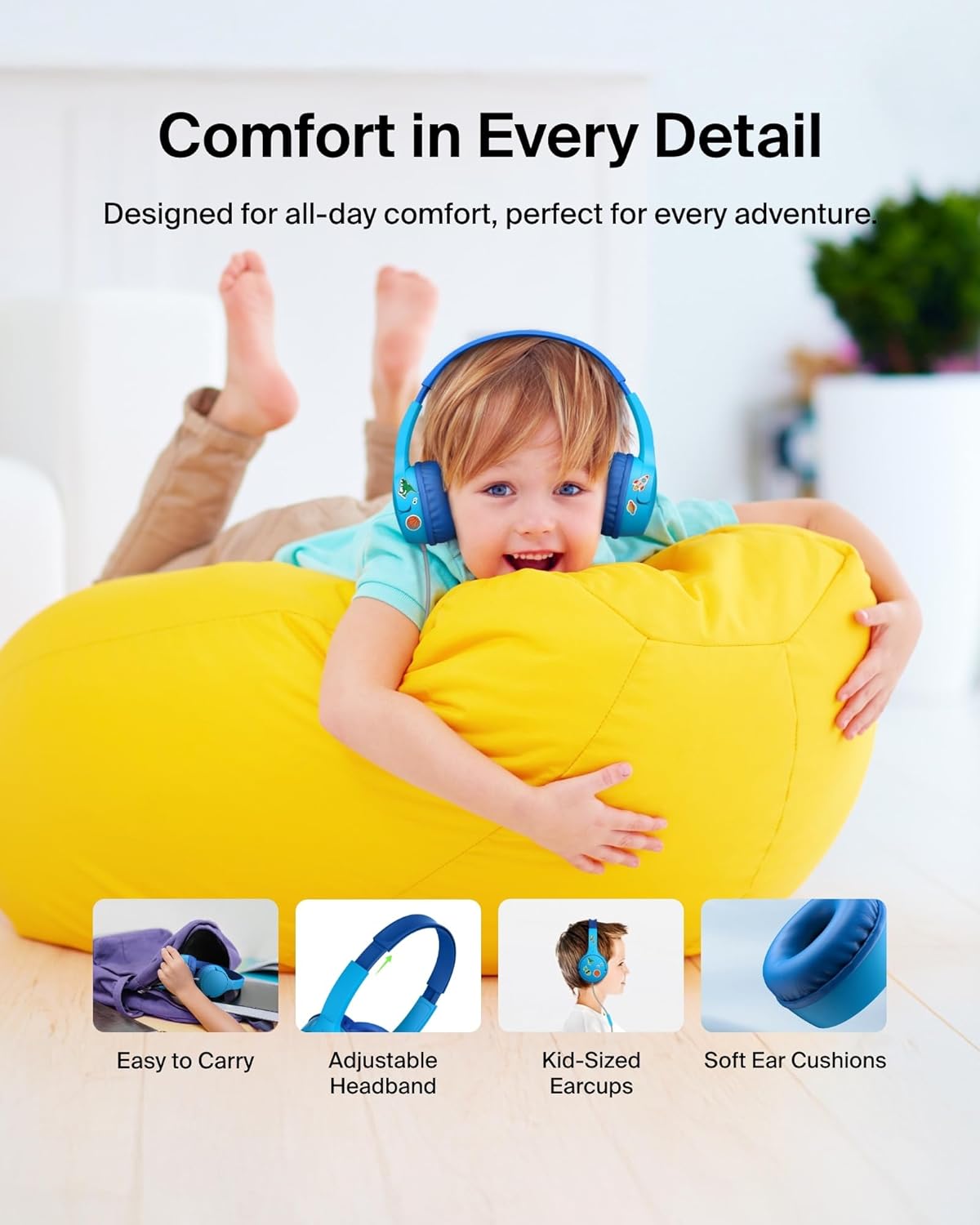 Belkin SoundForm Mini Kids Wired Headphones w/USB C to 3.5mm Dongle, Built-in Mic & Fun Stickers, 85dB Max Volume – for Online Learning, Travel, Compatible w/iPhone 16, iPad, Galaxy S25, etc - Blue