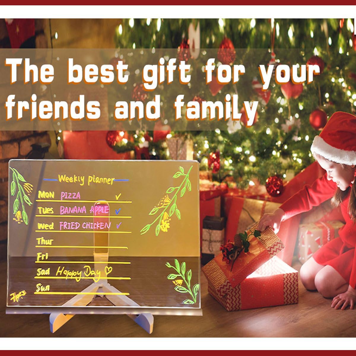 LED Drawing Board, Light Up Erasable Acrylic Message Board with Night Light, Neon Writing Tablet with Adjustable Stand & 12 Color Pens for Kids, Office, and Home Decor (7.9 * 7.9in)