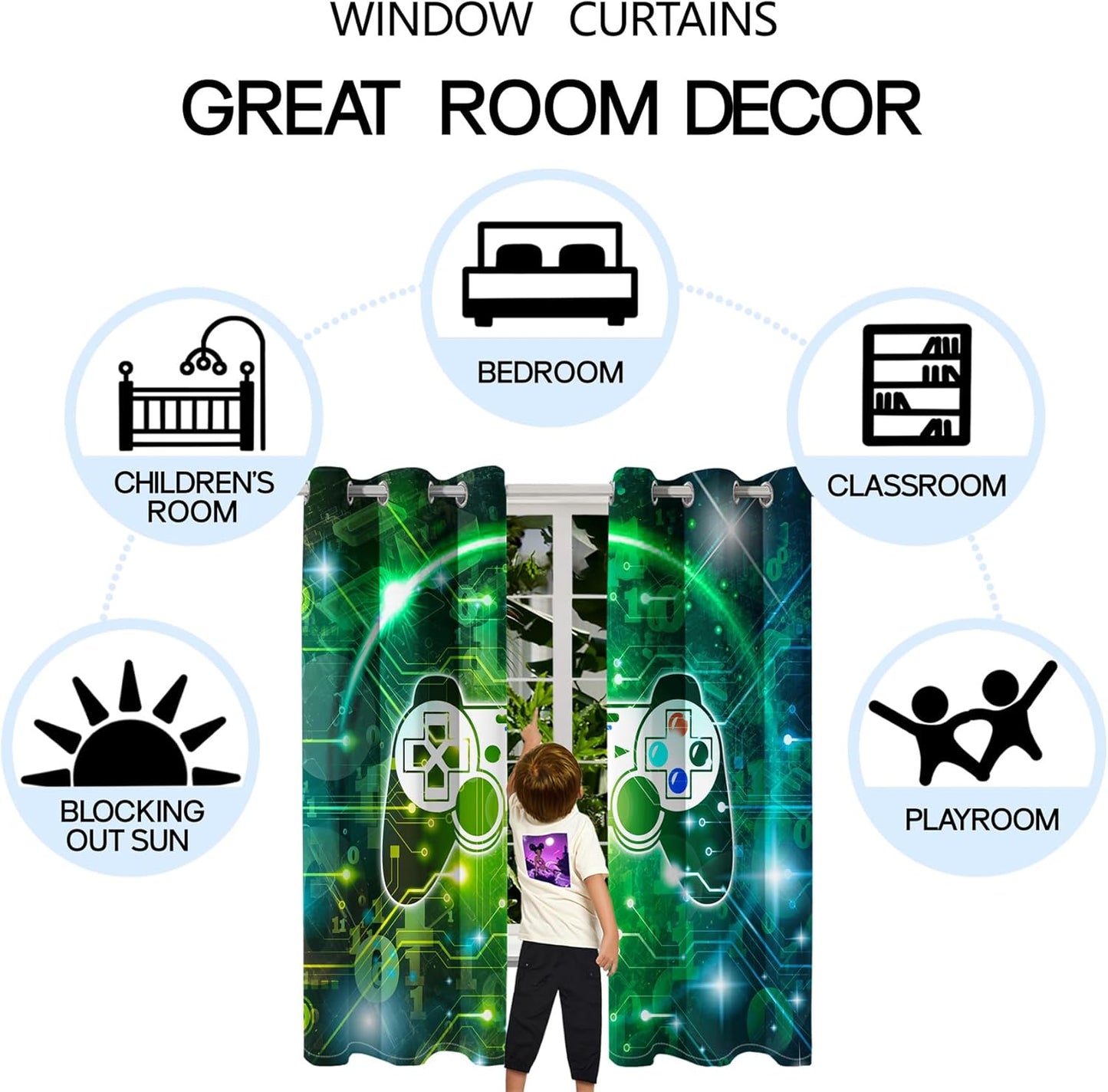 Gaming Curtain for Boys - 2Pcs Gamer Curtain Panels for Boys Bedroom Blackout Drapes Modern Games Patterns Windows Curtains Green Game Room Decor Grommet Top Curtains, 82" x 84"