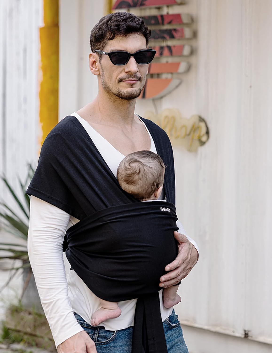 BABELIO Baby Wraps Carrier with Adjustable Buckle, Easy to Wear Lightweight Baby Carrier Newborn, Hands Free Toddler Infant Slings 7-35lbs Black