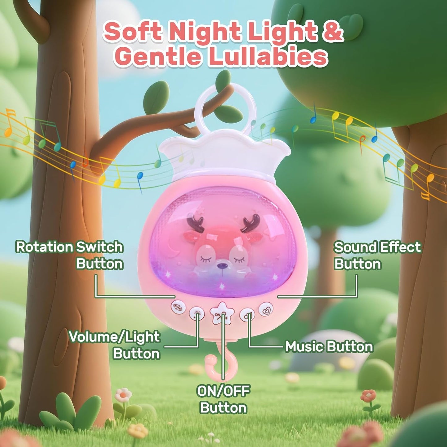 Baby Crib Mobile for Girls with Music, Lights & Projection, Adjustable Volume, 360° Rotating Plush Crib Toys with Detachable Musical Box, Hanging Mobile for Crib, Nursery Decor