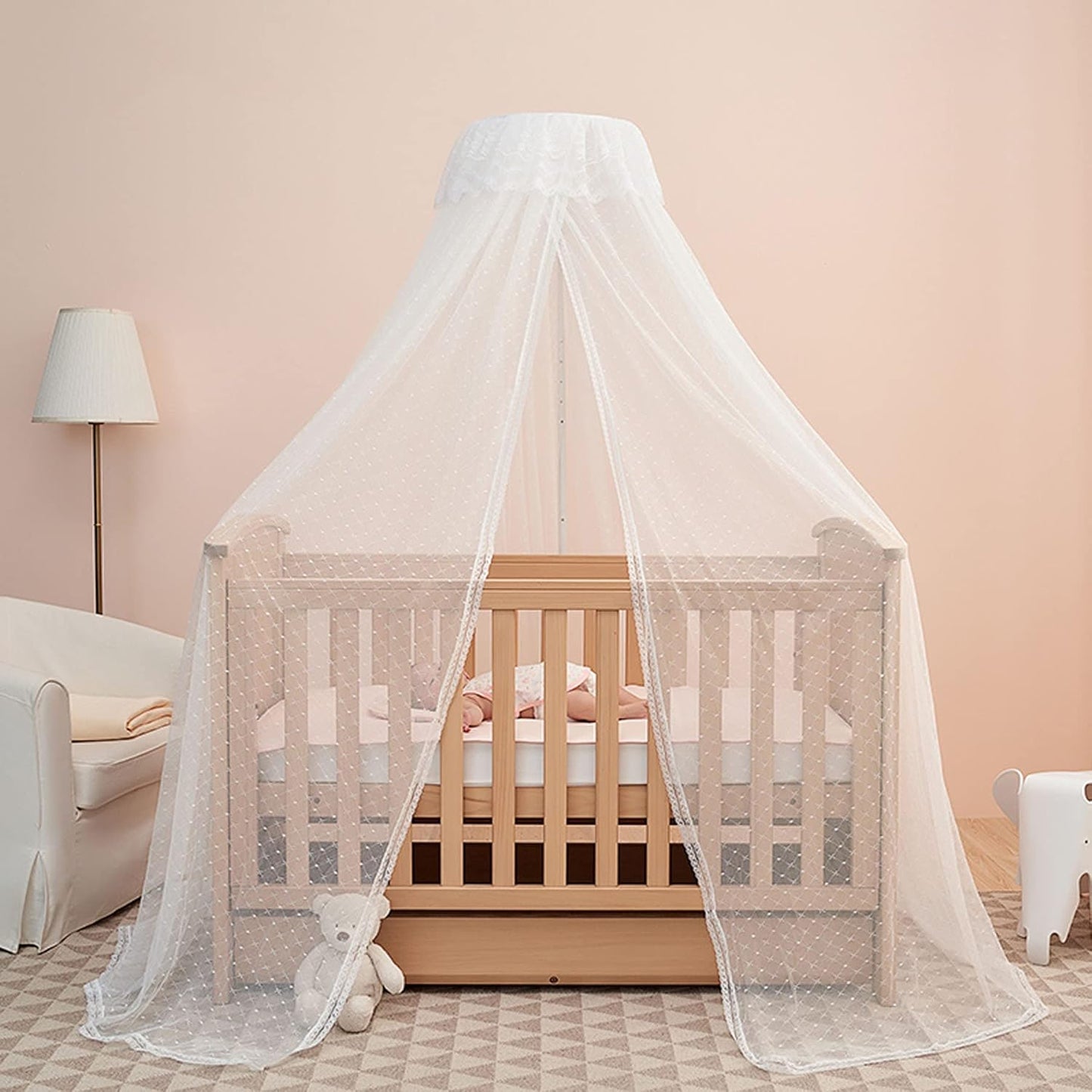 Baby Bed Canopy White Baby Crib Cot Net Tent Hanging Dome Curtain Netting See Through Mesh Bed Cover Net Stand Rod