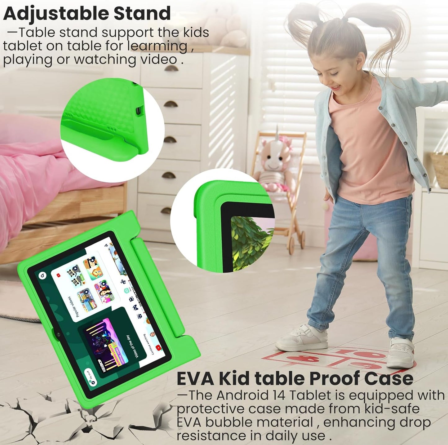 Kids Tablet 10.1 inch Android 14 Octa-Core 64GB 6000mAh Kids Space Parental Control 1280 * 800 HD Touchscreen Shockproof Case Dual Camera Gift for Toddler Children (Green)