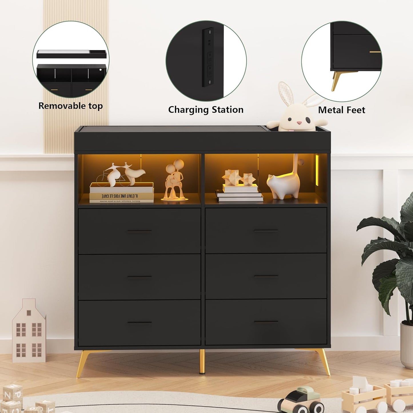 GarveeHome Dresser for Bedroom with 6 Drawers, Baby Changing Table Dresser with Changing Pad, LED Lights & Charging Station, Baby Changing Station with Changing Table Top, Black