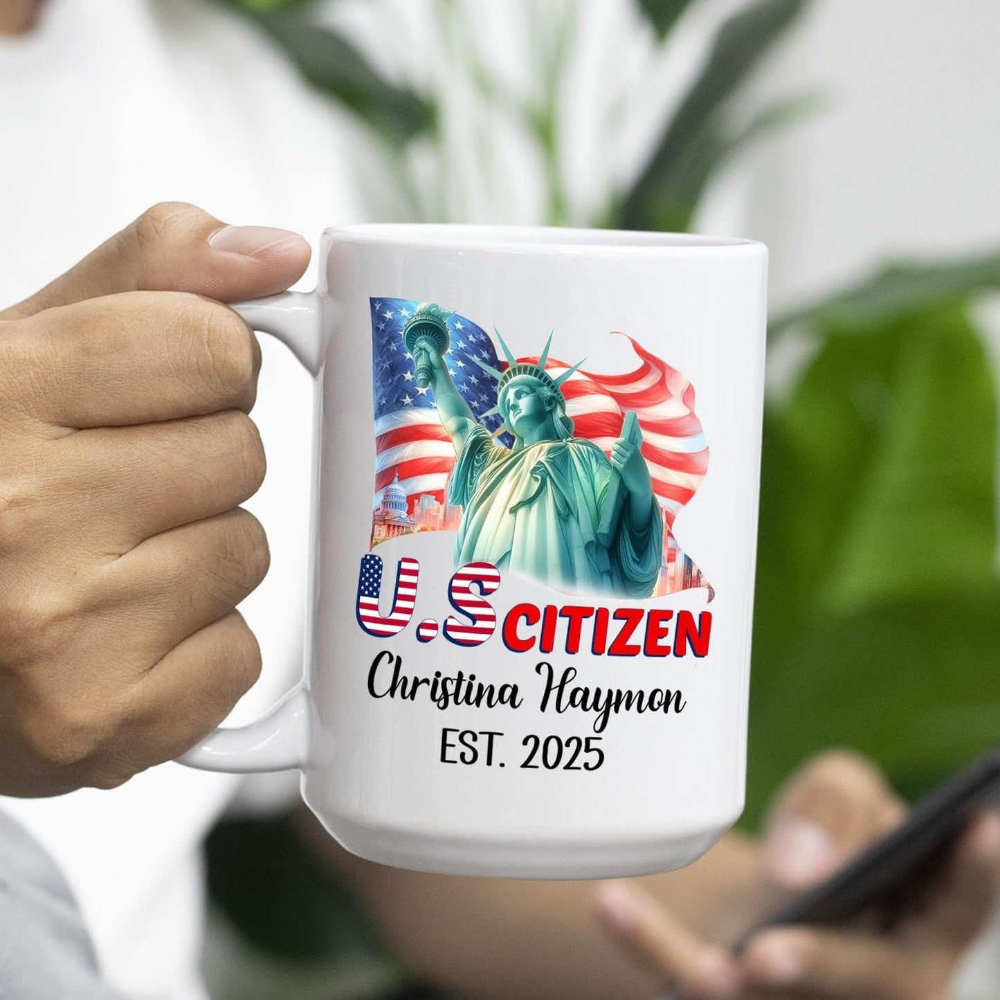 Personalized Coffee Mug Gift For US Citizen Girlfriend Boyfriend, Citizenship Celebration Gnome Ceramic Coffee Cup, Customized Year & Name American Citizen White Teacup, New US Citizenship Travel Mug
