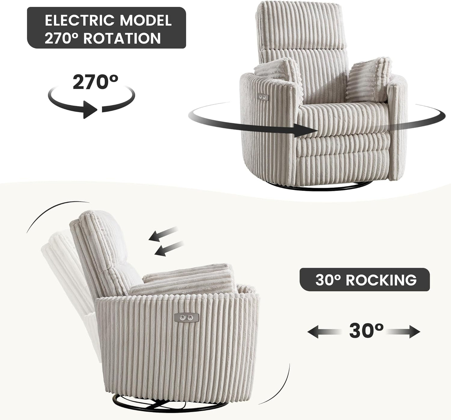 Recliner Swivel Glider Electric Rocking Chair with USB Living Room Bedroom Upholstered Highback Nursery Adult Power Recliner Rocking Chair with 2 Pillows(LIGHTGREY Corduroy, Power-Driven)