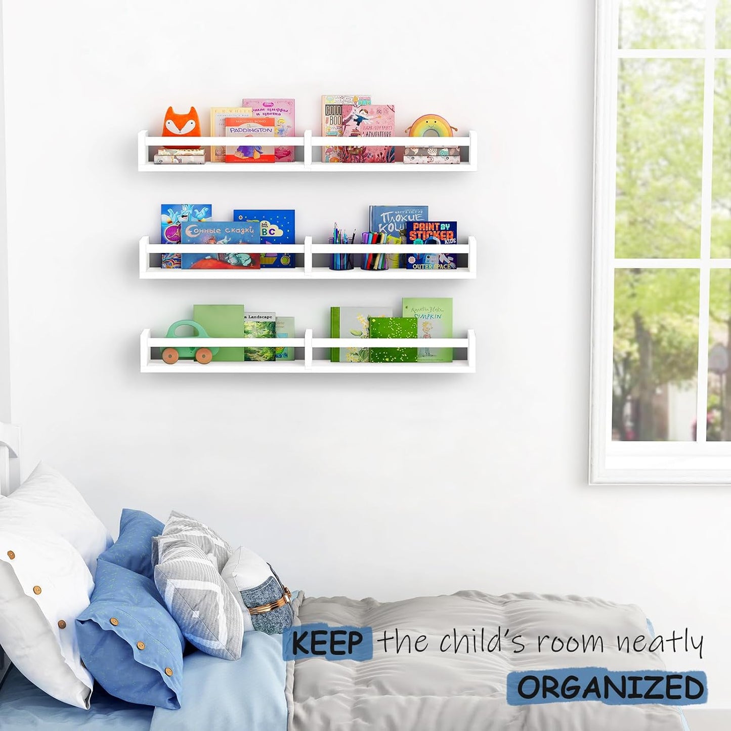 Large Nursery Book Shelves Wall Mounted for Kids Room, White Floating Nursery Bookshelf for Baby Girls Boys Bedroom, Toddler Kid Book Shelf for Classroom Library (32 Inch Long Set of 3)