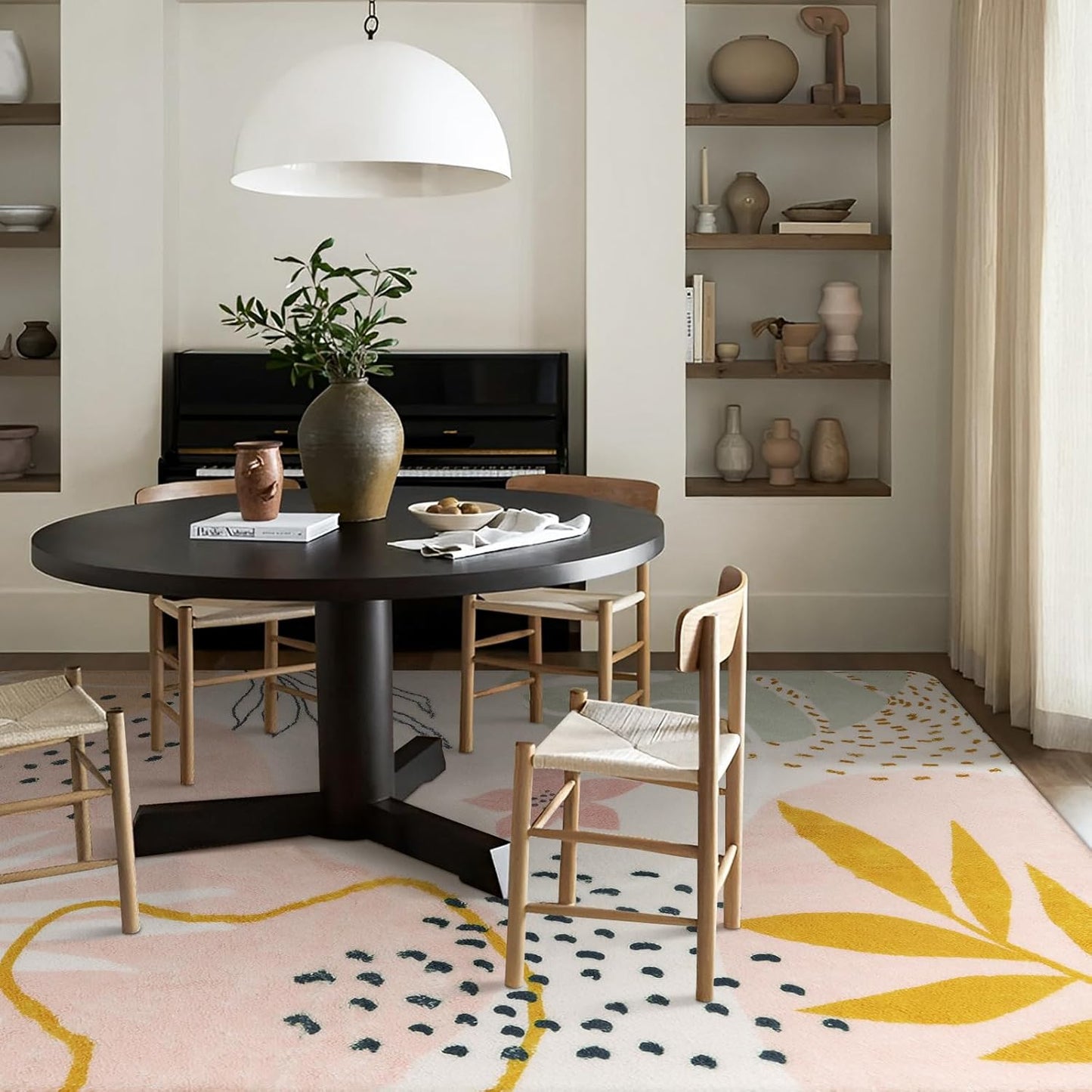 Lahome Washable Pink Area Rugs 9x12 Living Room Carpet Non-Slip Backing Ultra-Thin Extra Large Rug Lightweight Throw Non Shedding Dining Room Rug,Boho Botanical Print Rug for Bedroom Guest Room Home