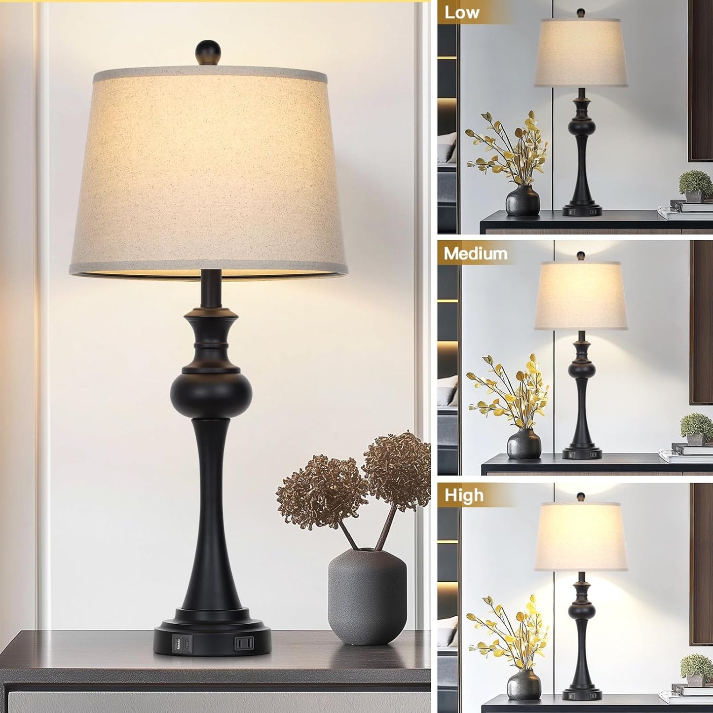28.75" Black Table Lamps Modern 3-Way Dimmable Bedside Lamp with USB A+C Ports & AC Outlets for Living Room Bedroom Nightstand Lamp,Beige Fabric Shade Mid Century Accent Style