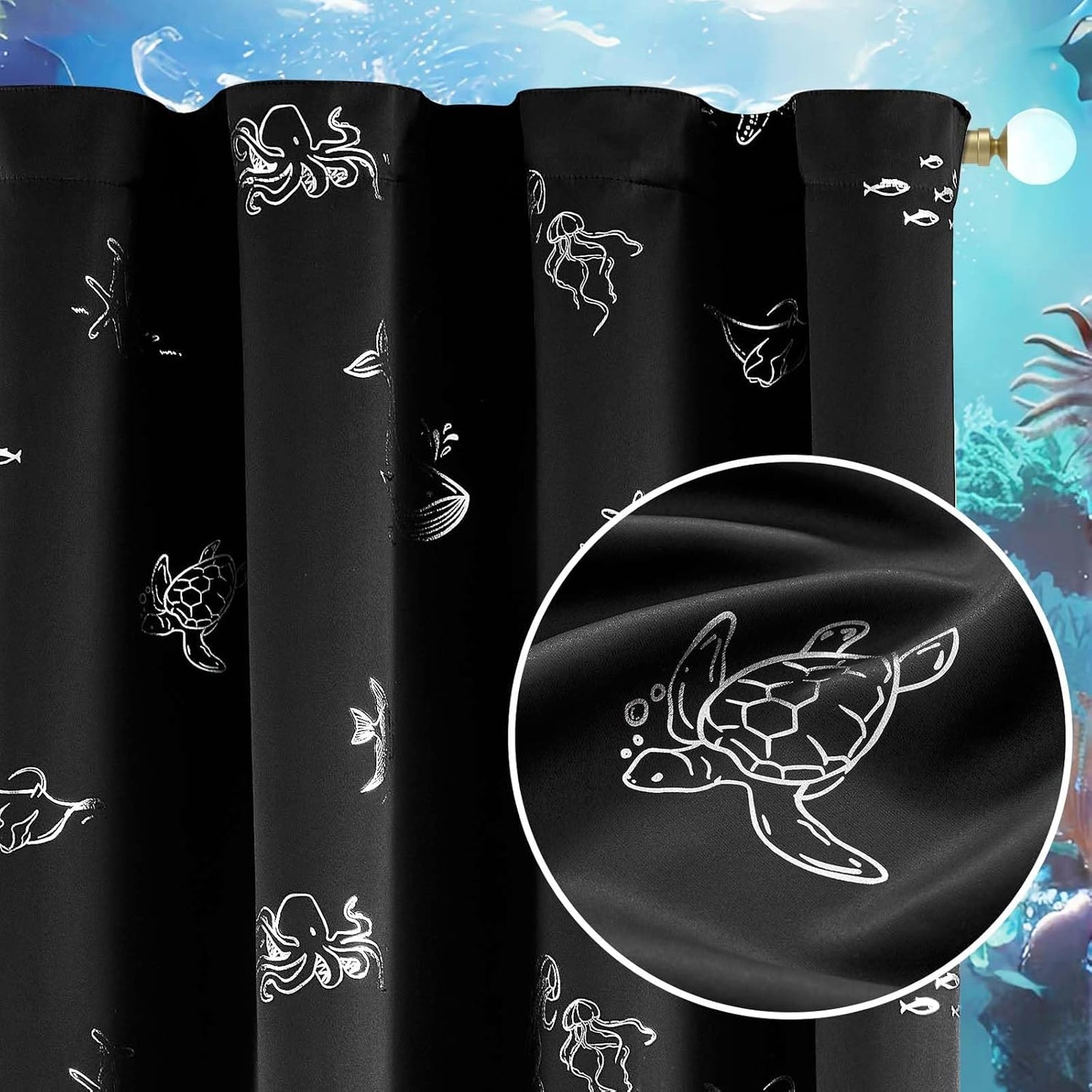 Vangao Kids Curtains for Boys Bedroom Kids Blackout Curtains 84 Inch Length Ocean Aquarium Nursery Drapes for Girls Bedroom Silver Sea Animals Print Thermal Insulated Drapes, Black 2 Panels