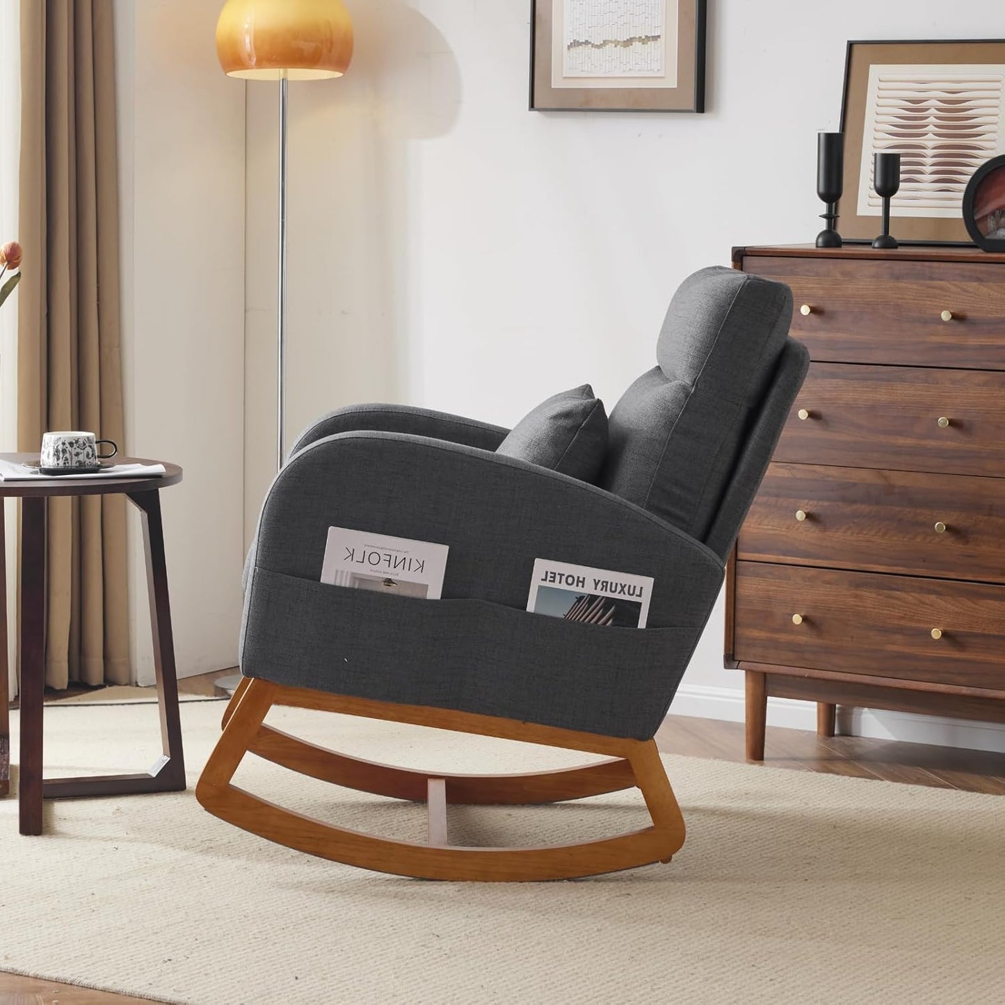 VINGLI Grey Linen Nursery Rocking Chair with Thick Headrest, Upholstered Mid-Century Modern Nursing Rocker Glider with Curved Armrest, Sturdy Solid Wood Base for Living Room, Bedroom, Baby Room