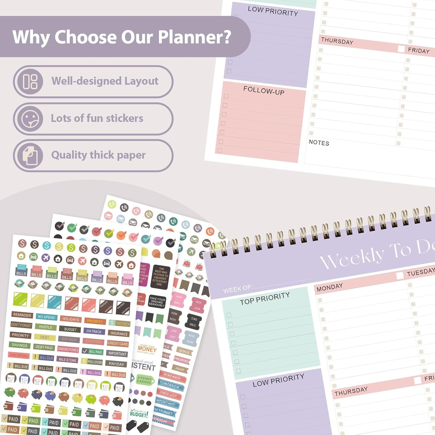 Weekly To Do List Notepad, Undated Planner with 52 Sheets (8.5''x11''), Desk Weekly Planner for Women & Man, Home School & Work (C-Lilac)