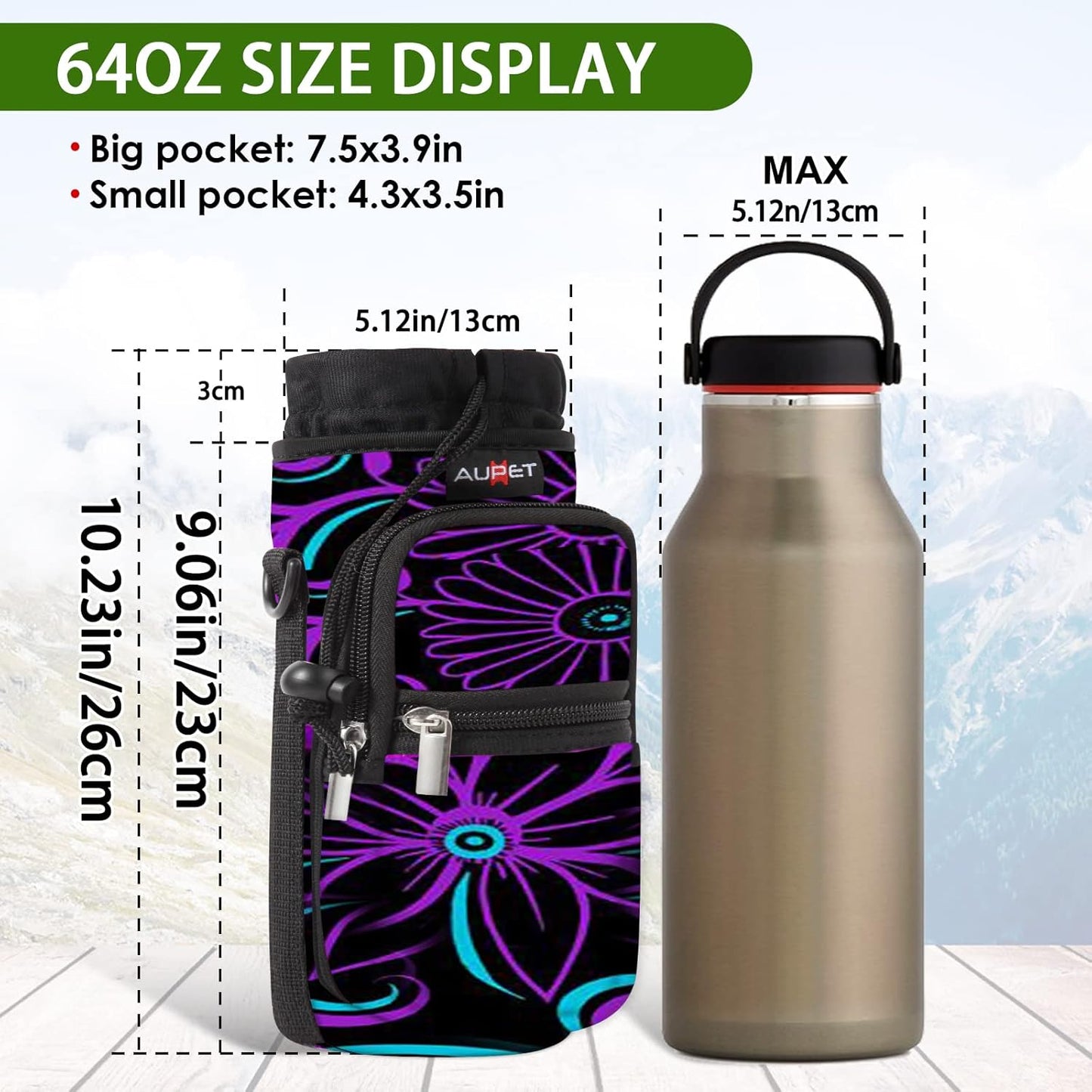 AUPET Water Bottle Sling Bag Sleeve Holder Carrier 25/32/40/64 oz,Insulated Crossbody Water Bottle Case Cover with Strap and Pockets for Men/Women Walking Hiking