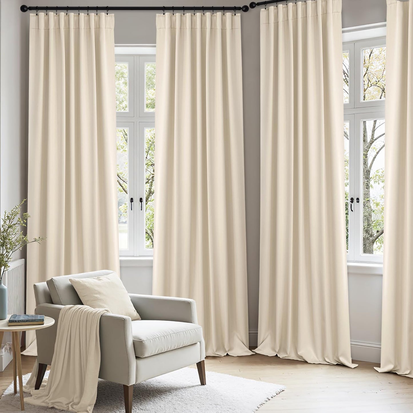 ANRODUO Back Tab Blackout Curtains for Bedroom Living Room, Rod Pocket Pinch Pleated Thermal Insulated Room Darkening Curtains 90 Inches Long 2 Panels, Cream Beige, 42 x 90 Inch