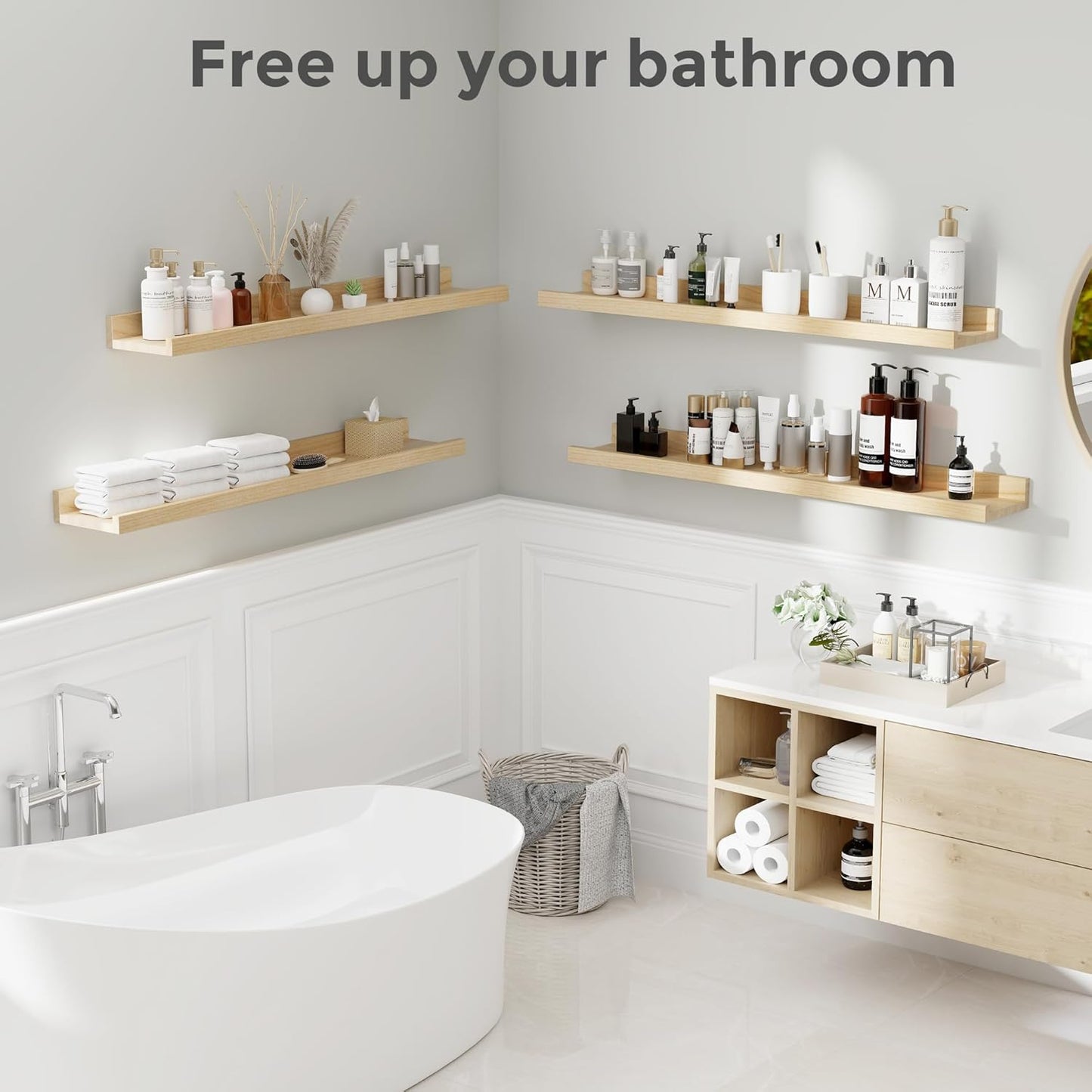 Picture Ledge Shelf, Floating Shelves Set of 4, 36 Inches Nursery Book Shelves for Toys Storage, Kids Bookshelf Wall Mounted for Living Room Bedroom Decor Books Photo Frames, Natural