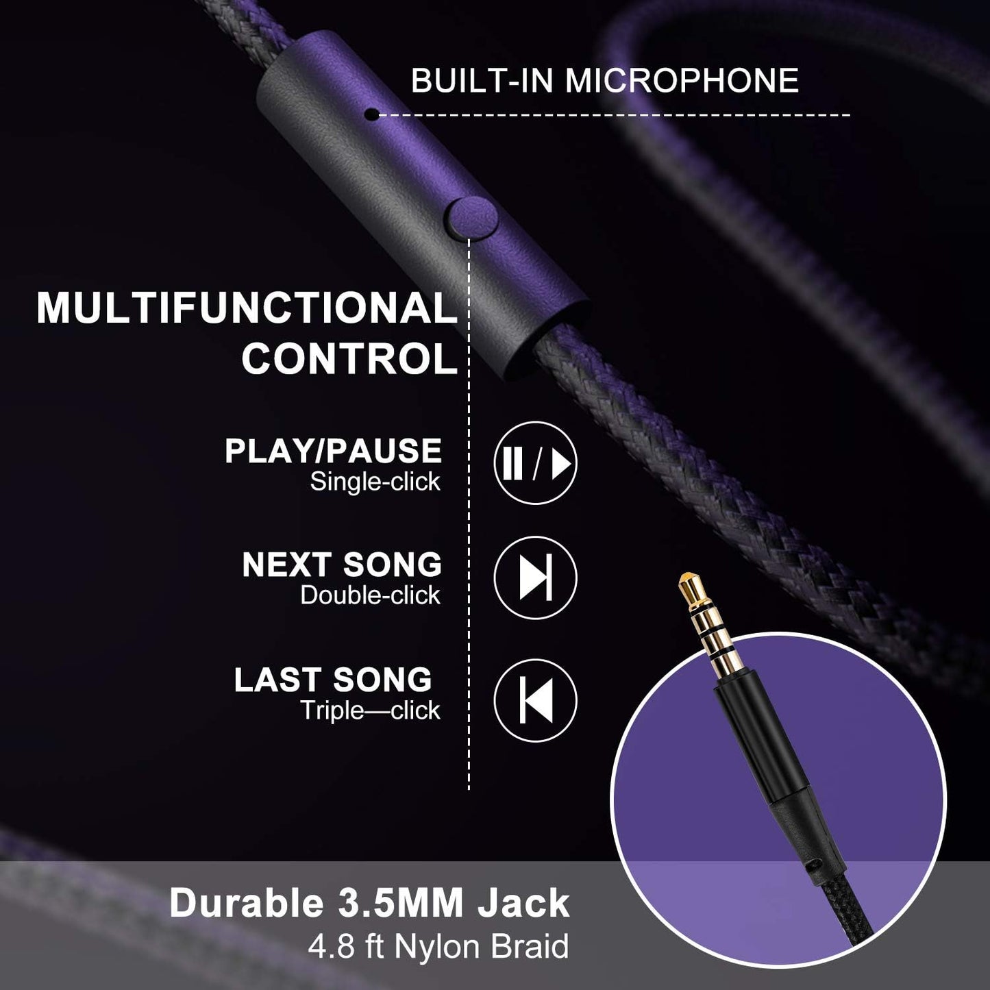 Lorelei X6 Over-Ear Headphones with Microphone, Purple-Black Lightweight Foldable & Portable Stereo Bass, Wired for Smartphone & Tablet, MP3 (1.45M No-Tangle)