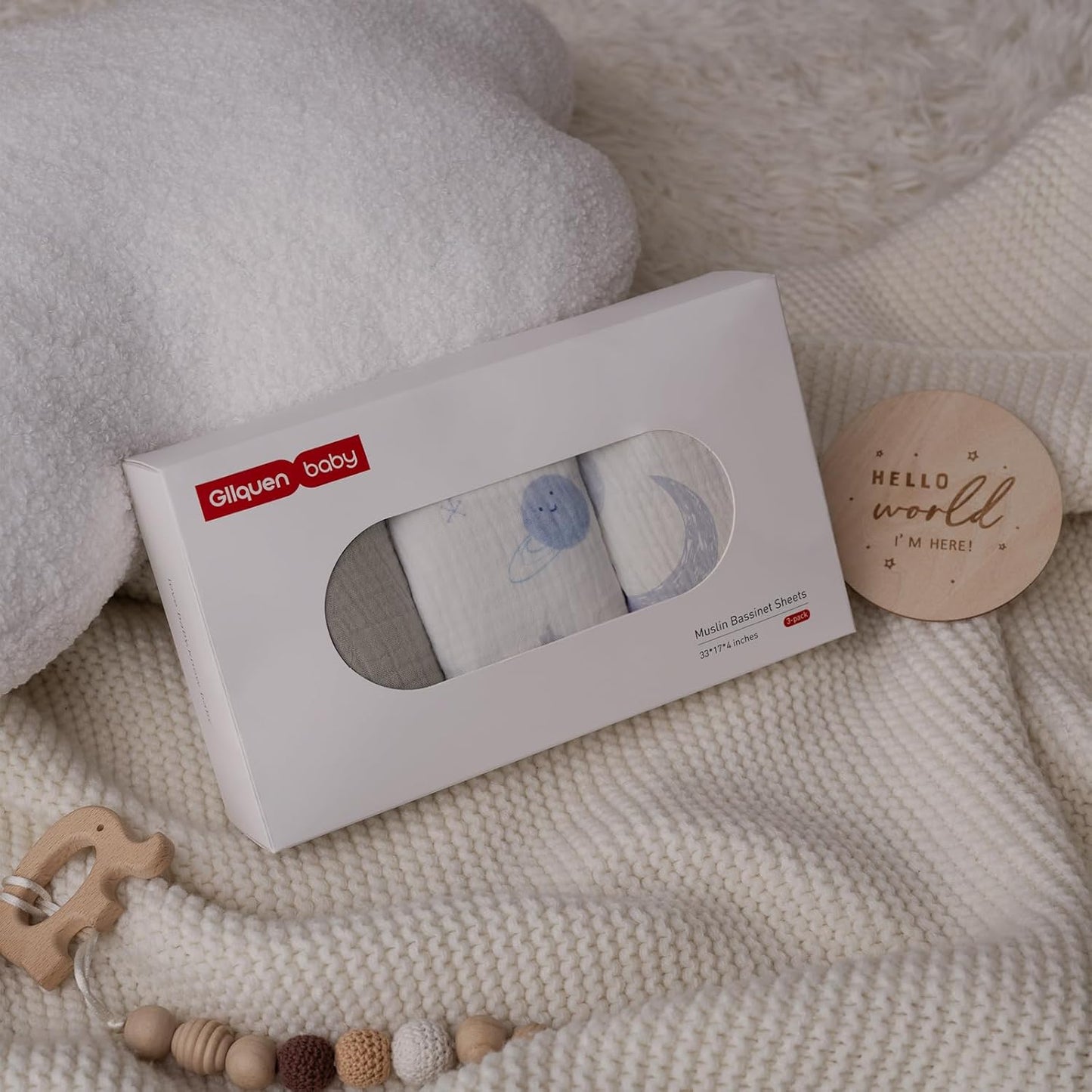 Gllquen Baby Muslin Bassinet Sheets 3 Pack, Breathable Elastic Cozy Fitted Cotton Bassinet Mattress Sheet for Baby Boy Girls, Fit for Hourglass Oval Rectangular Cradle Pad Sheets 33"x17" (Space)