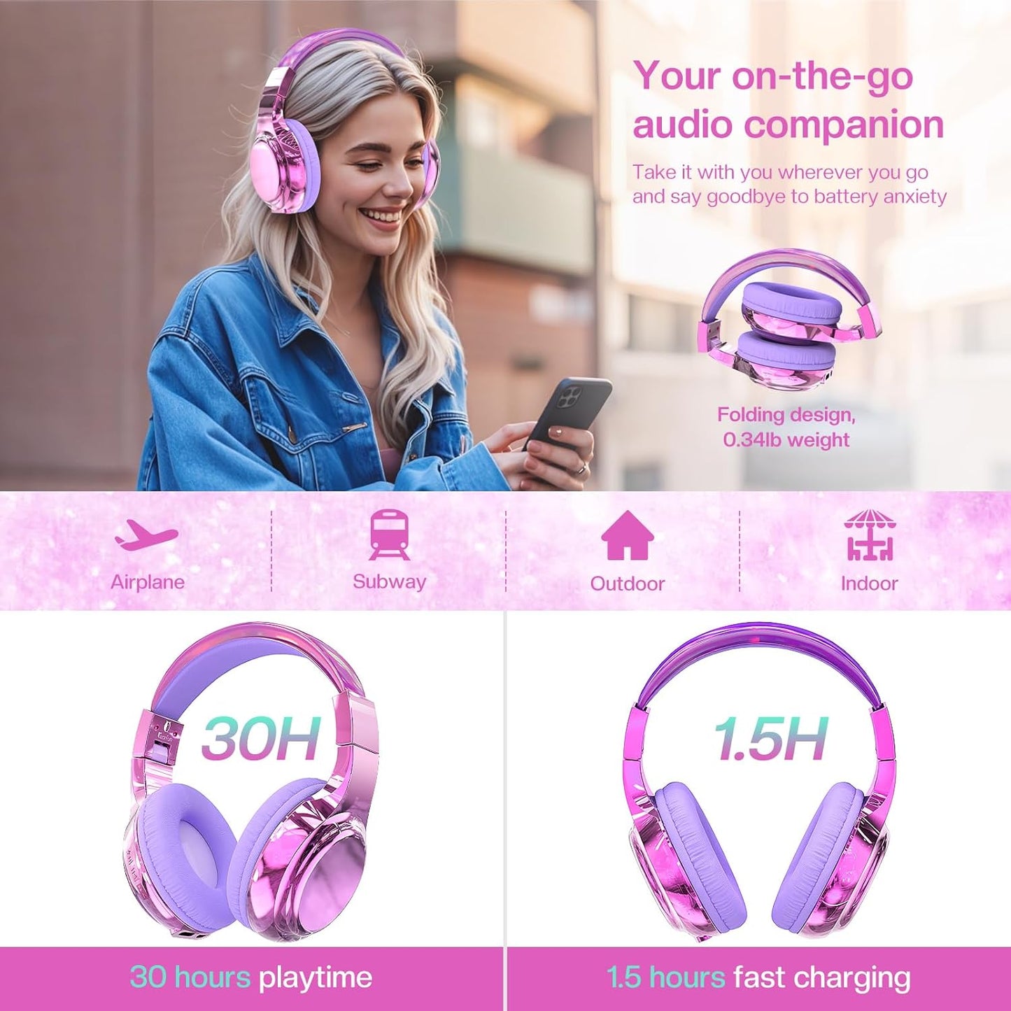 QearFun Kids Bluetooth 5.3 Headphones, Wireless Metallic Gradient Headset, Lightweight Foldable On Ear Headphones with Aux Cord, Fast Charging, Built-in Mic, for School/Travel/Tablet/iPad