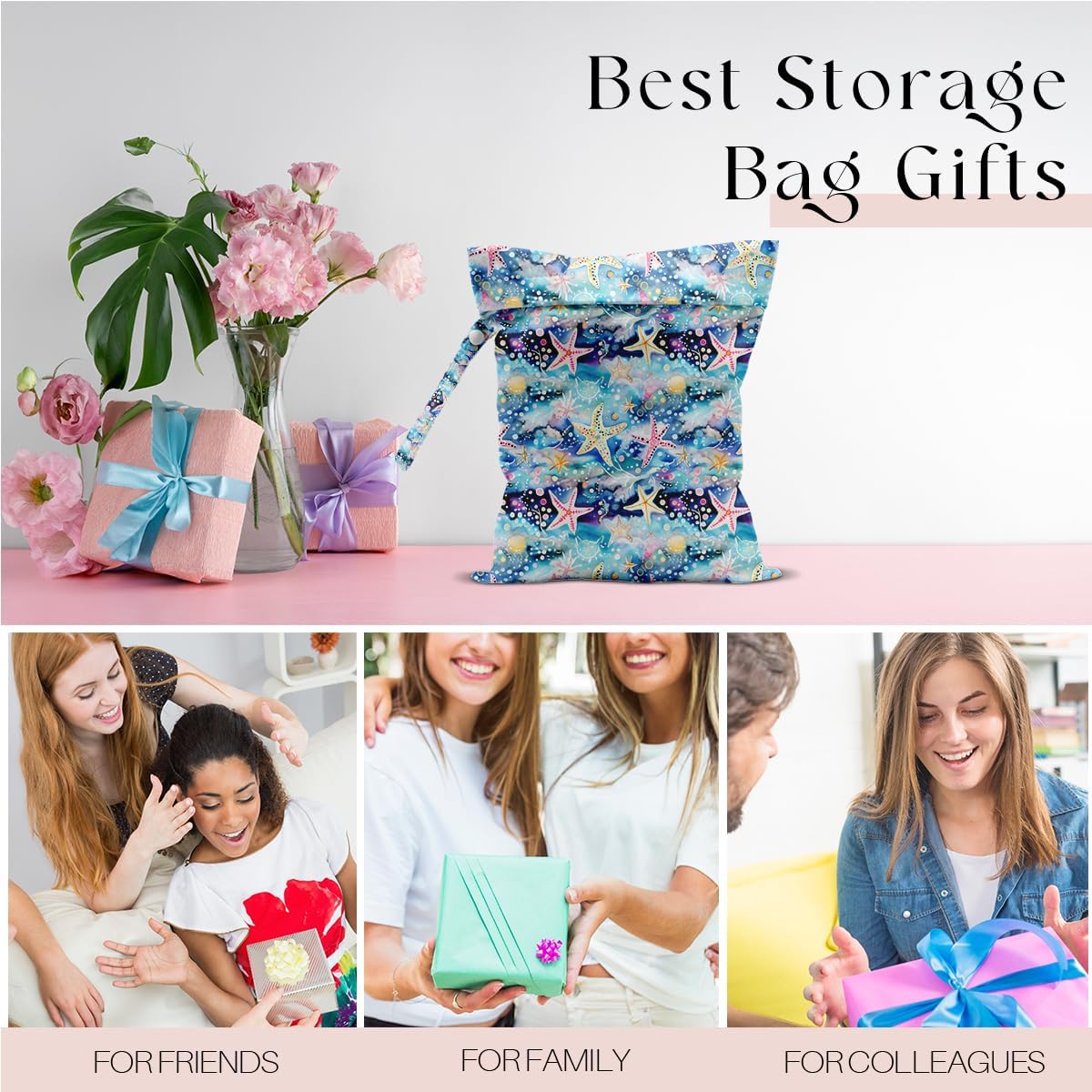 Wet Bag for Swimsuit, Beach Travel Essentials Wet Dry Bag, for Sunscreen Toiletry Dirty Clothes Yoga Gym Diaper, Friends Summer Beach Vacation Gifts. Colorful starfish coral