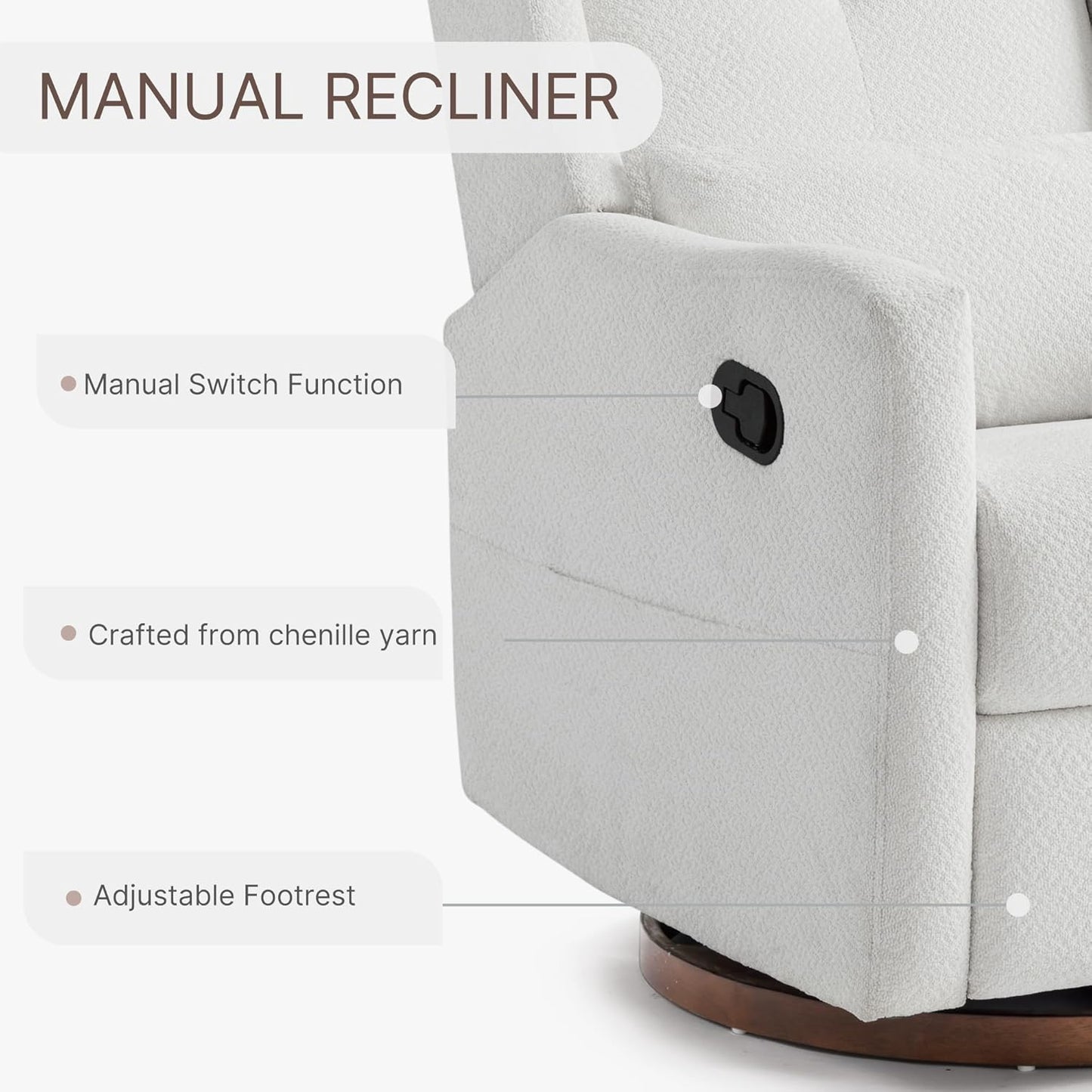 Upholstered Recliner Swivel Glider Nursery Chair Reclining Performance Fabric Rocker with Wood Base,Boucle,Ivory
