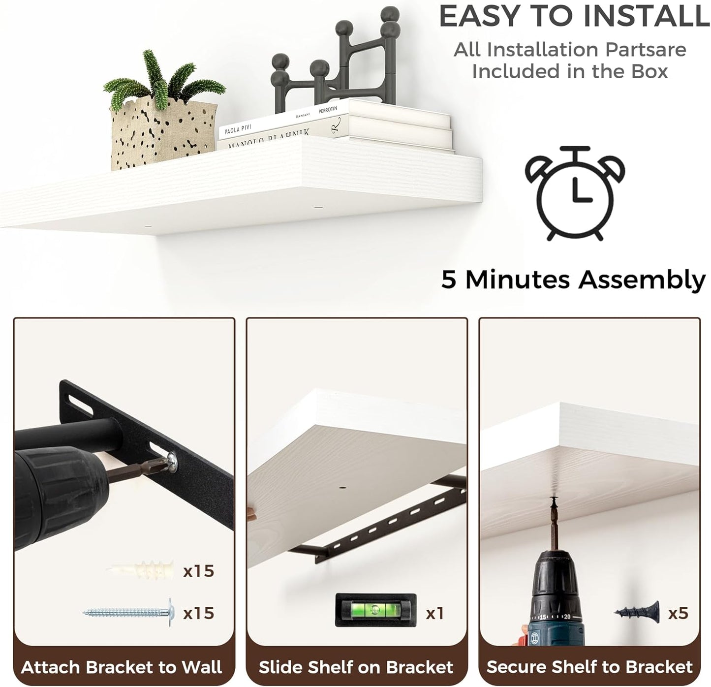 Floating Shelves - 2 Large Wall Mounted Shelves with Invisible Brackets, Long Wood Floating Wall Shelf for Living Room, Bedroom, Kitchen (White, 24" W x 9" D x 1.5" H)