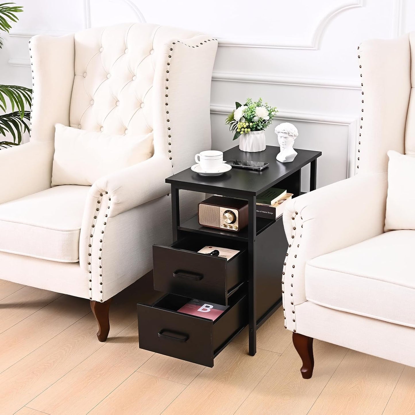 Black Side Tables, End Table with Charging Station, Narrow End Table with 2 Wooden Drawers, USB Ports and Power Outlets, Slim Nightstand and Bedside Table, End Tables Living Room, Bedroom