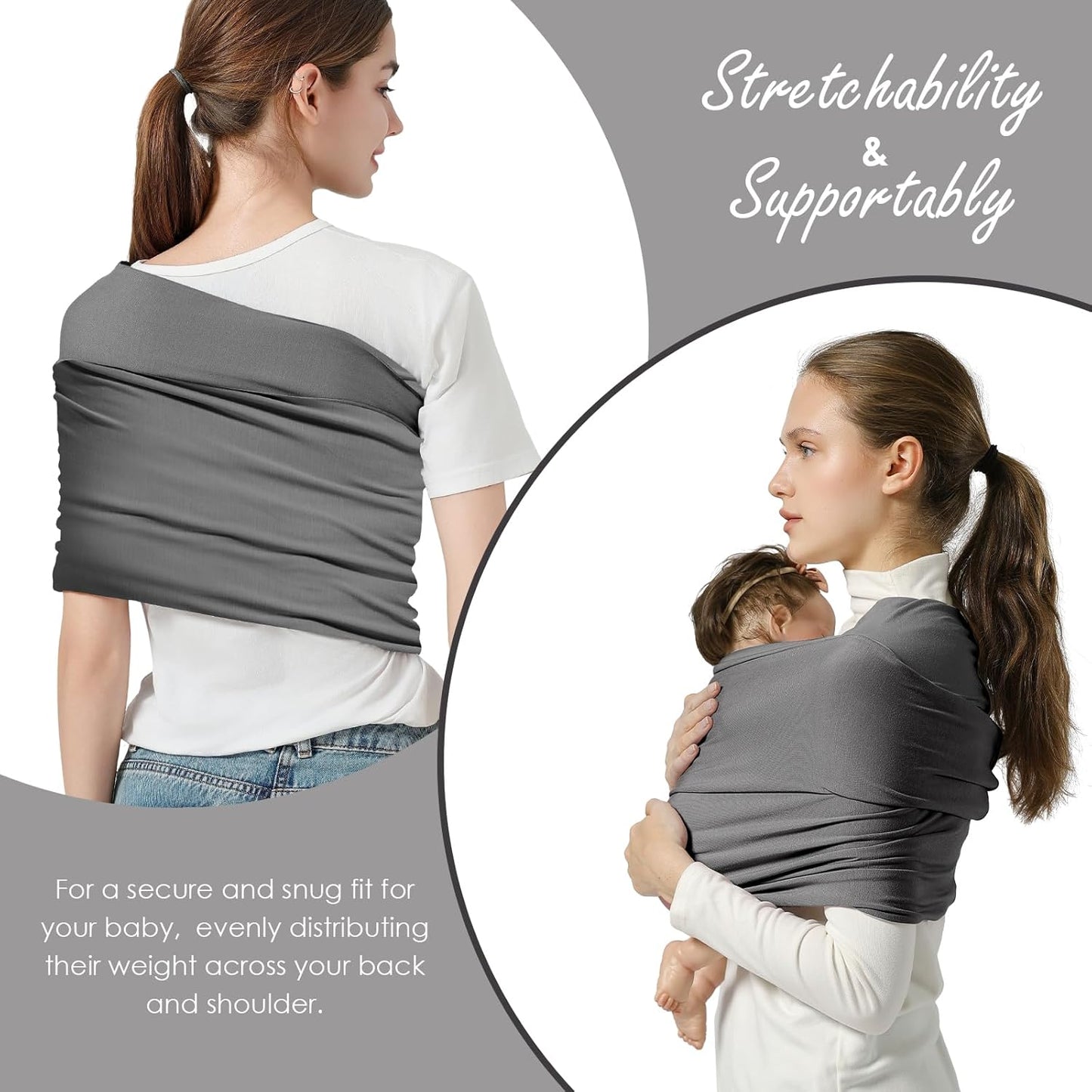 Baby Wrap Carrier, Lightweight Baby Wearing Wraps for Newborn and Infant, Soft Swaddle Holder Carrier, Cozy Baby Sling 7-35 lbs Grey