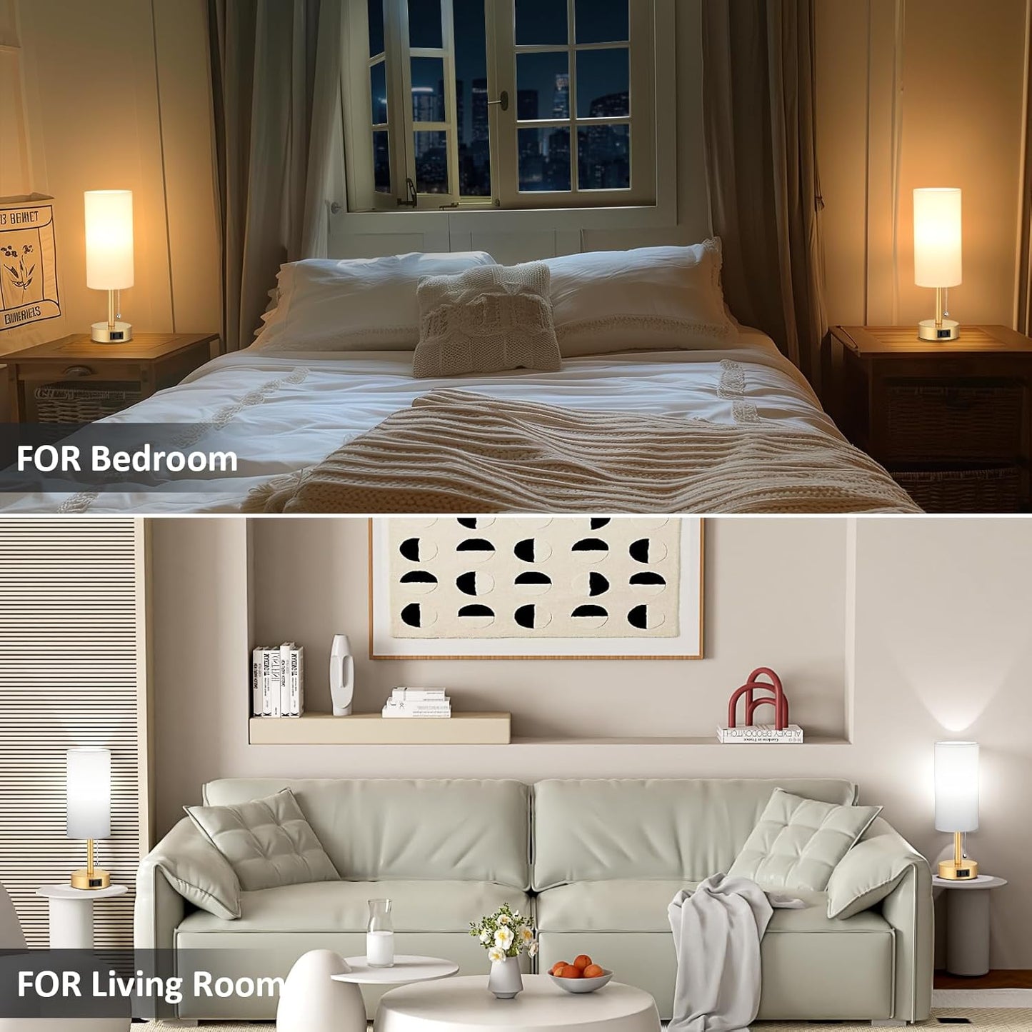 Gold Bedside Table Lamps Set of 2-3 Color Temperatures Pull Chain Lamp with AC Outlet Charging Port, Two Round Night Stand Lamps for Bedroom Office Living Room