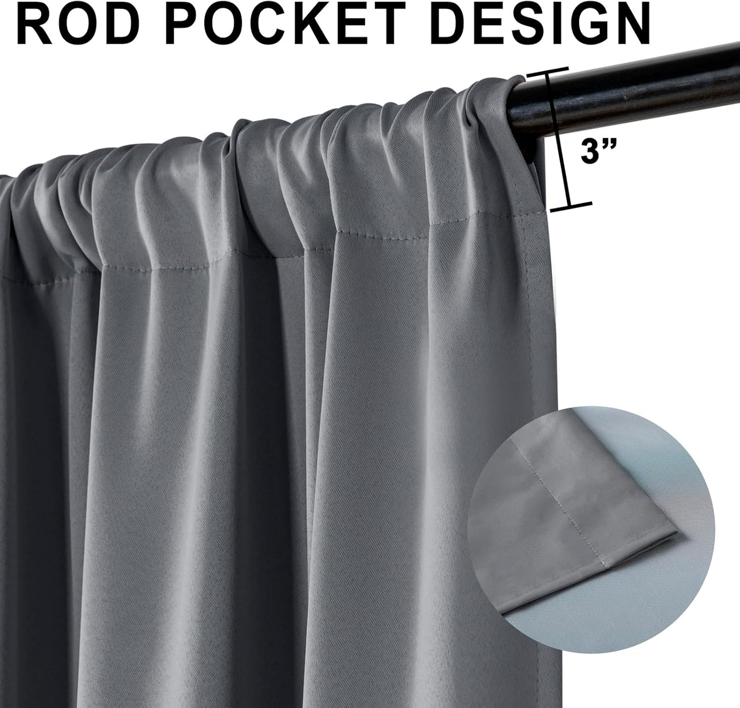XWZO 100% Blackout Curtains 45 Inches Long with Tiebacks- Privacy Protection & Noise Blocking Rod Pocket Window Draperies with Black Liner for Bedroom/Living Room, Dark Grey, W52 x L45, Set of 2