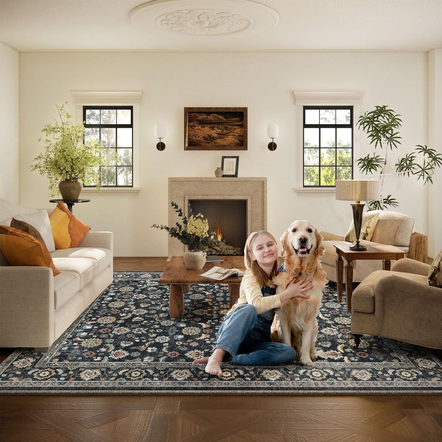 Washable Area Rugs for Living Room: 5x7 Bedroom Rug Vintage Boho Area Rug Stain Resistant Non Slip Low Pile Lightweight Soft Carpets for Living Room Dining Room Kitchen Nursery Kids Room Farmhouse