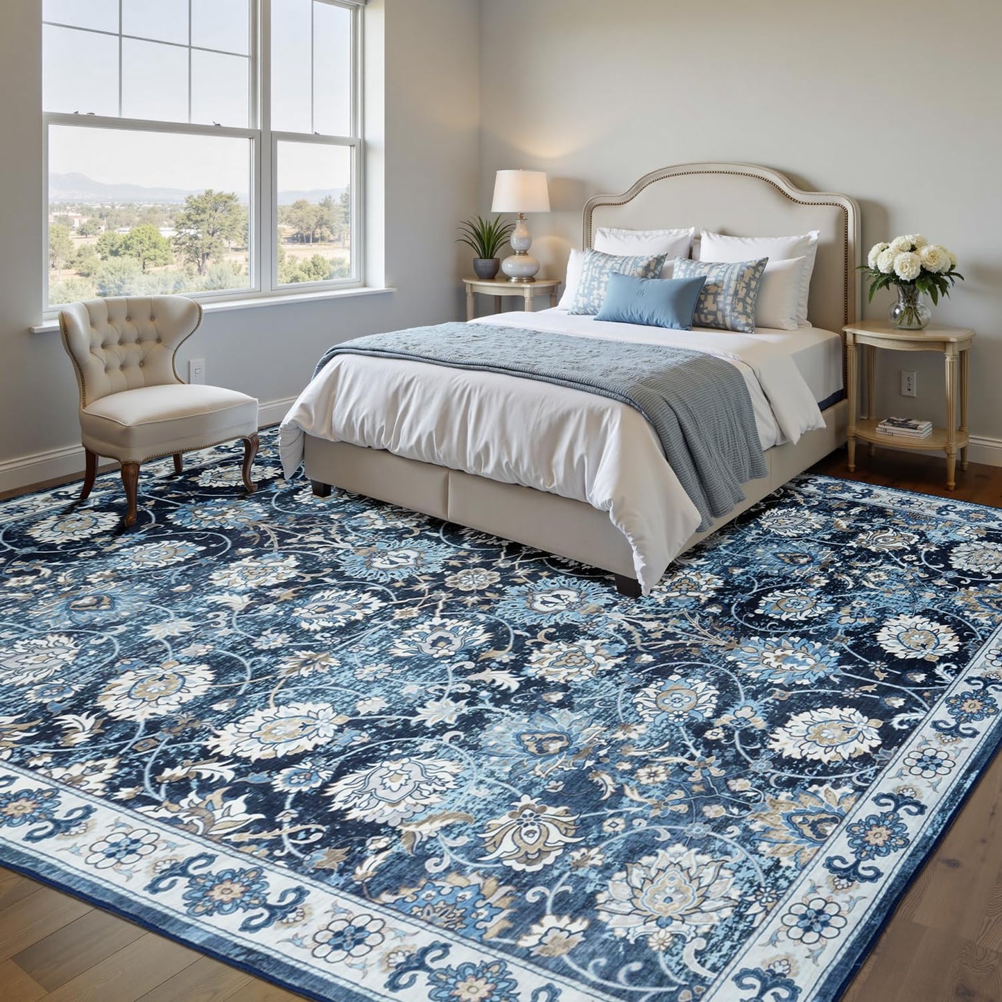 Blue 9x12 Area Rugs for Living Room, Washable Large Rug, Vintage Floral Soft Carpet, Non Slip & Low Pile, Wool Carpets for Indoor Bedroom Dining Home Playroom Office Under Table, Blue Garden