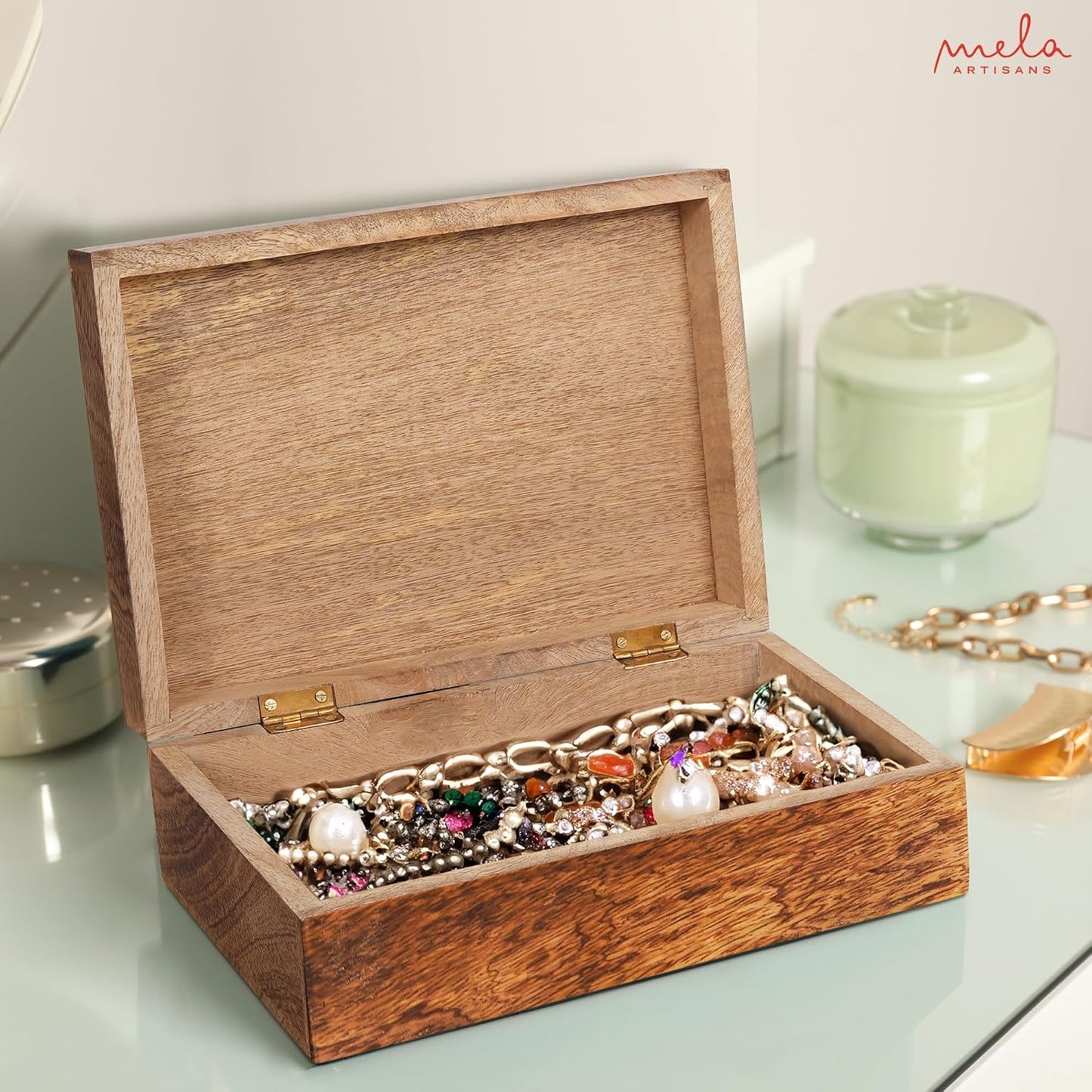 Carved Scallop Mango Wood Box with Lid - Medium Burnt Large Wooden Box - Handmade Decorative Box with Lid for Use As Memory Box, Keepsake Box, Photo Storage Box, and more - 9” x 6” x 3.5”