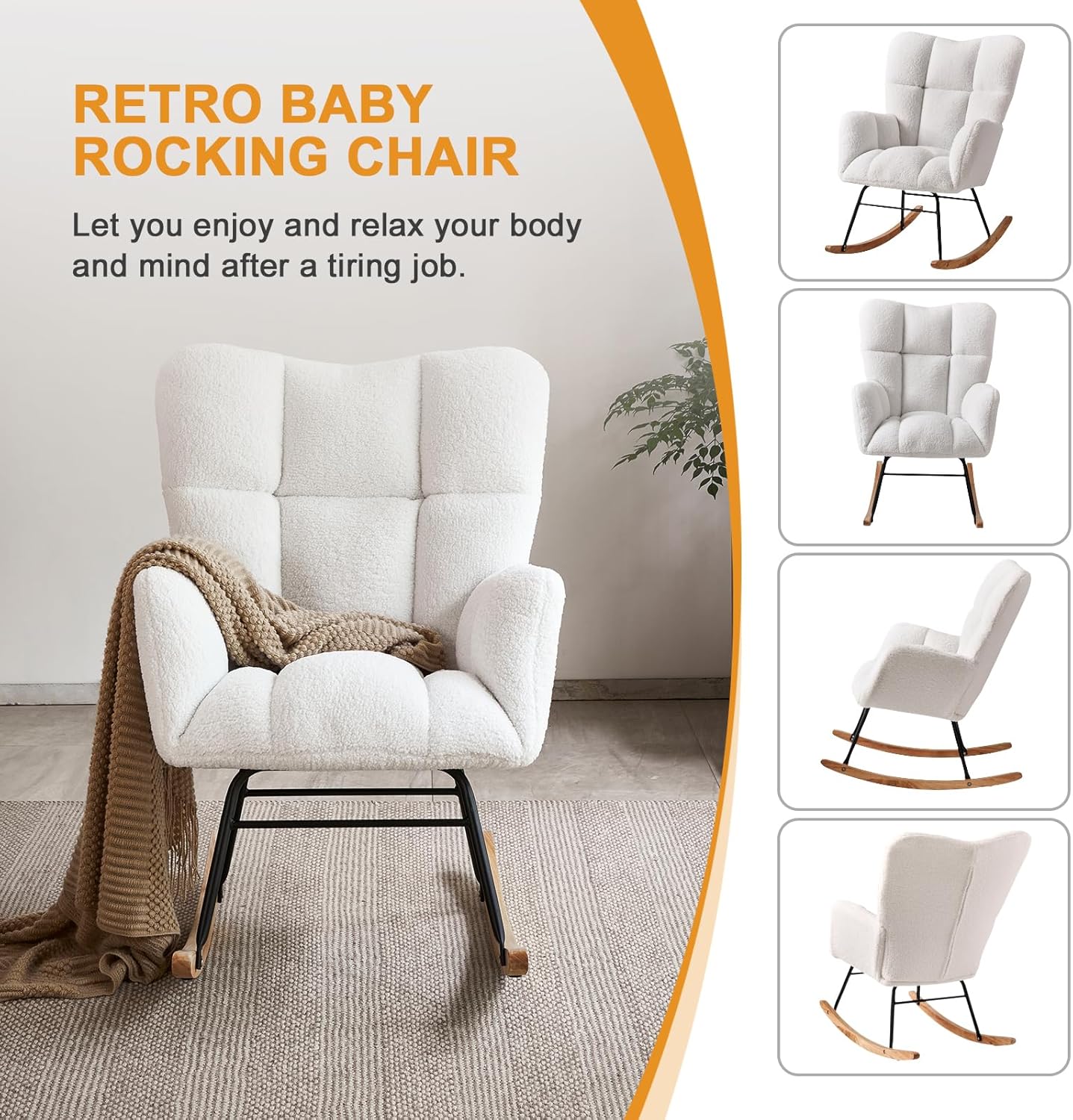 Nursery Rocking Chairs, High Back Teddy Glider Rocking Chair, Upholstered Rocker Recliner Modern Rocking Accent Chairs Comfy Armchairs for Nursery, Bedroom, Living Room (Ivory)