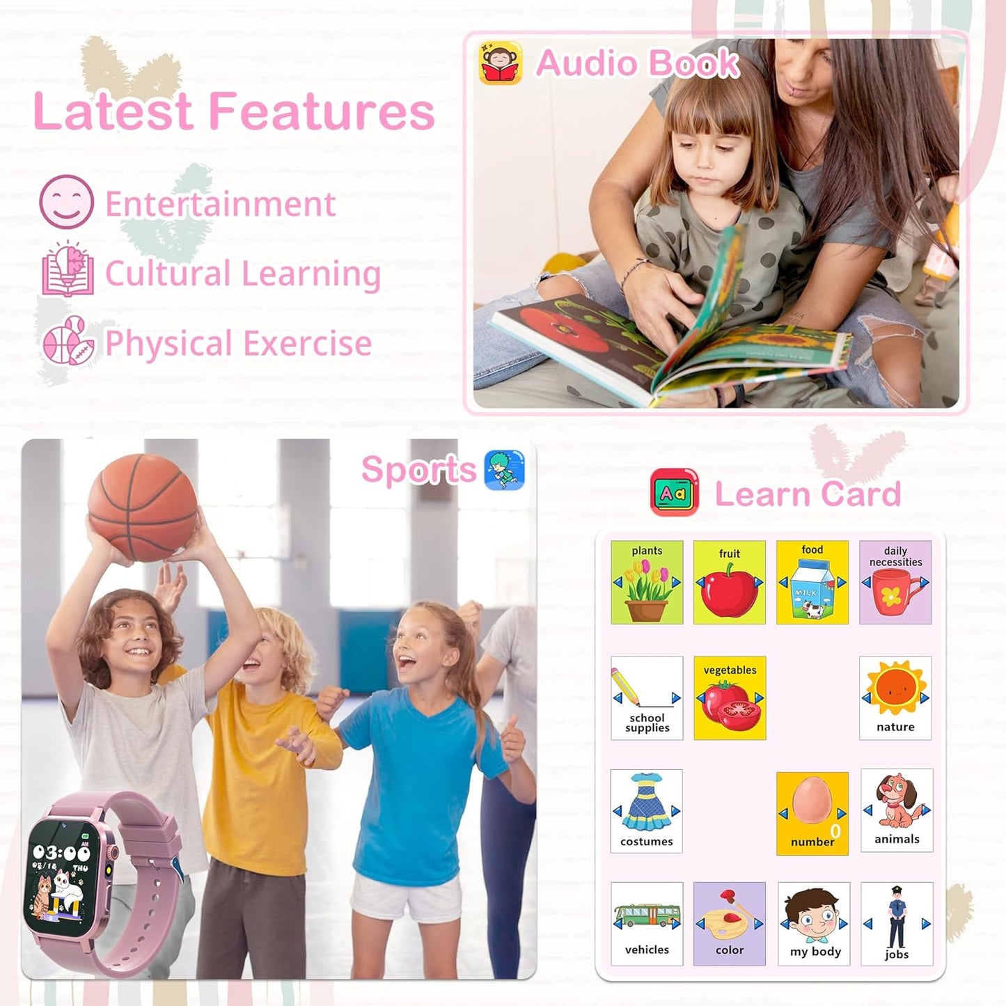 Kids Smart Watch for Girls Age 5-12, 32 Games HD Touch Screen Girls Watch with Camera Video Music Player Pedometer Flashlight 12/24 hr Gifts for 6 7 8 9 10 Year Old Girl Birthday Gift