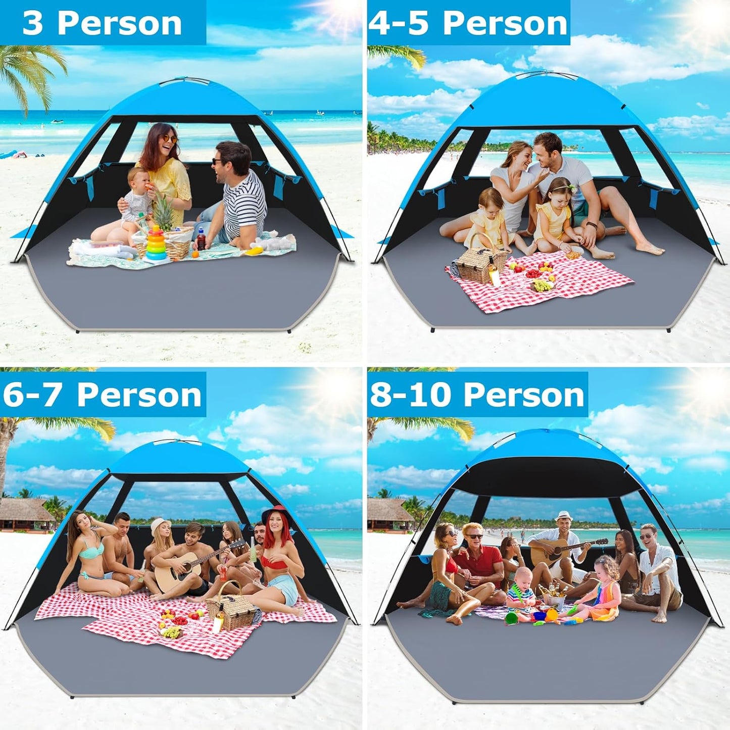 Gorich Beach Tent Sun Shelter for 3/4-5/6-7/8-10 Person with UPF 50+ UV Protection, Lightweight & Easy Setup Beach Shade Canopy, Portable Beach Shade Tent Beach Cabana