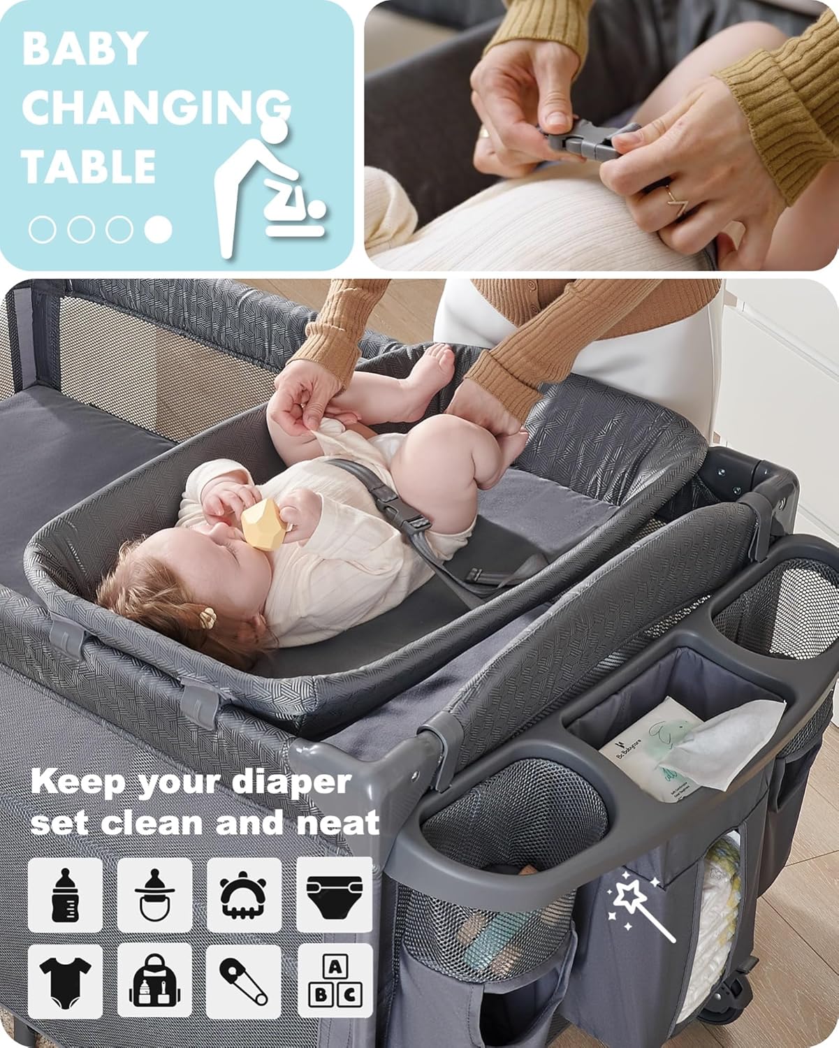 AirClub 4 in 1 Baby Bassinet Bedside Sleeper, 4 Functions Crib, Playard, Portable Changing Table, Bassinet for Newborn Baby, Bedsaide Bed w/Wheels&Brakes