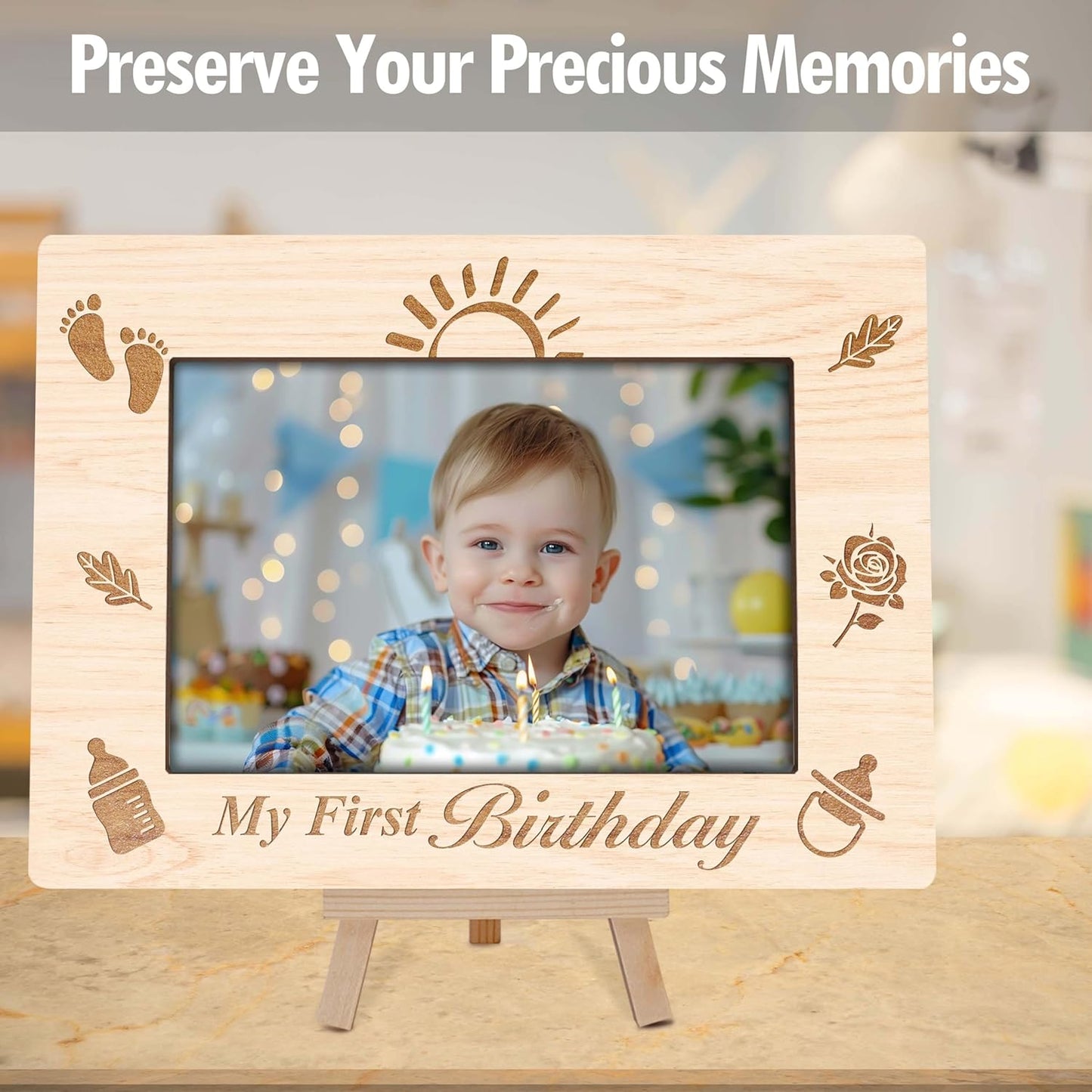 My 1st Birthday Picture Frames, Childhood Milestone Wooden 4x6 Photo Frame with Easel, Baby First Year Birthday Gifts for Home Office Tabletop Display - G08