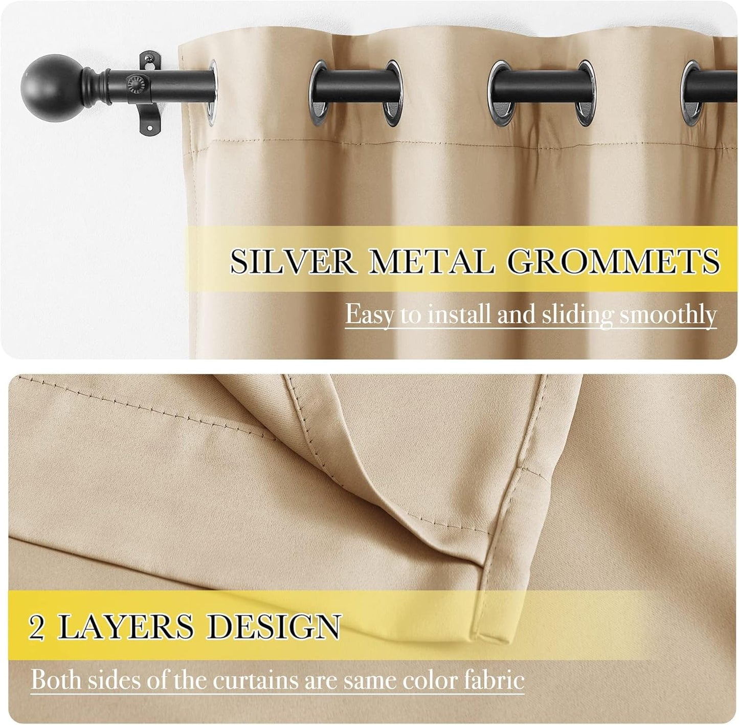 NICETOWN Bedroom Full Blackout Curtain Panels, Super Thick Insulated Window Covers, Complete Blackout Draperies with Liner for Short Window(Warm Beige, Set of 2 PCs, 52 by 63-inch)