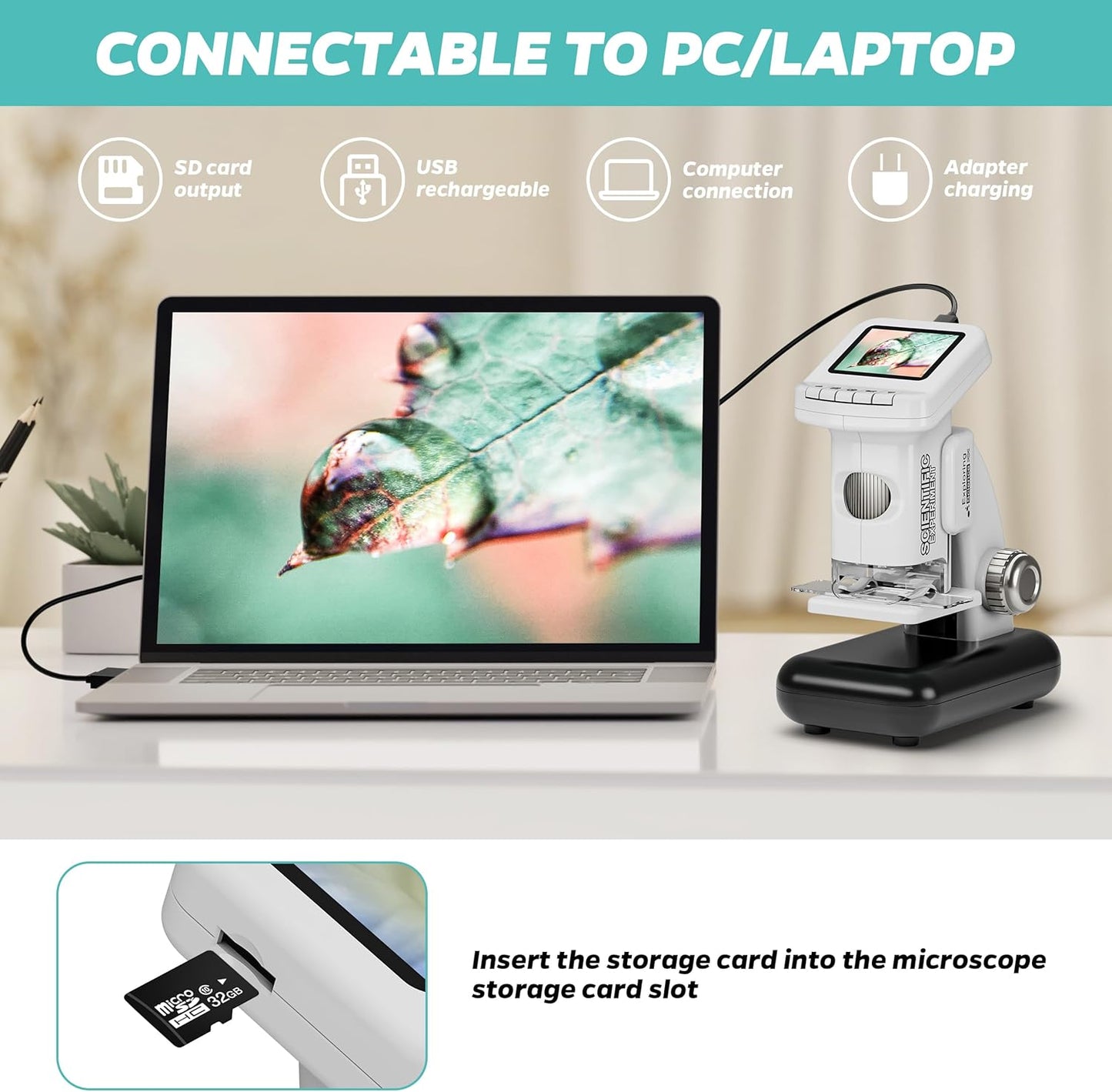 Rechargeable Digital Microscope for Kids 1200X - 2'' LCD Screen STEM Toy with 32G SD Card for Photo/Video, Portable Pocket Microscope for Boys Girls Ages 6,7,8-12, Science Kit Gift Birthday Christmas