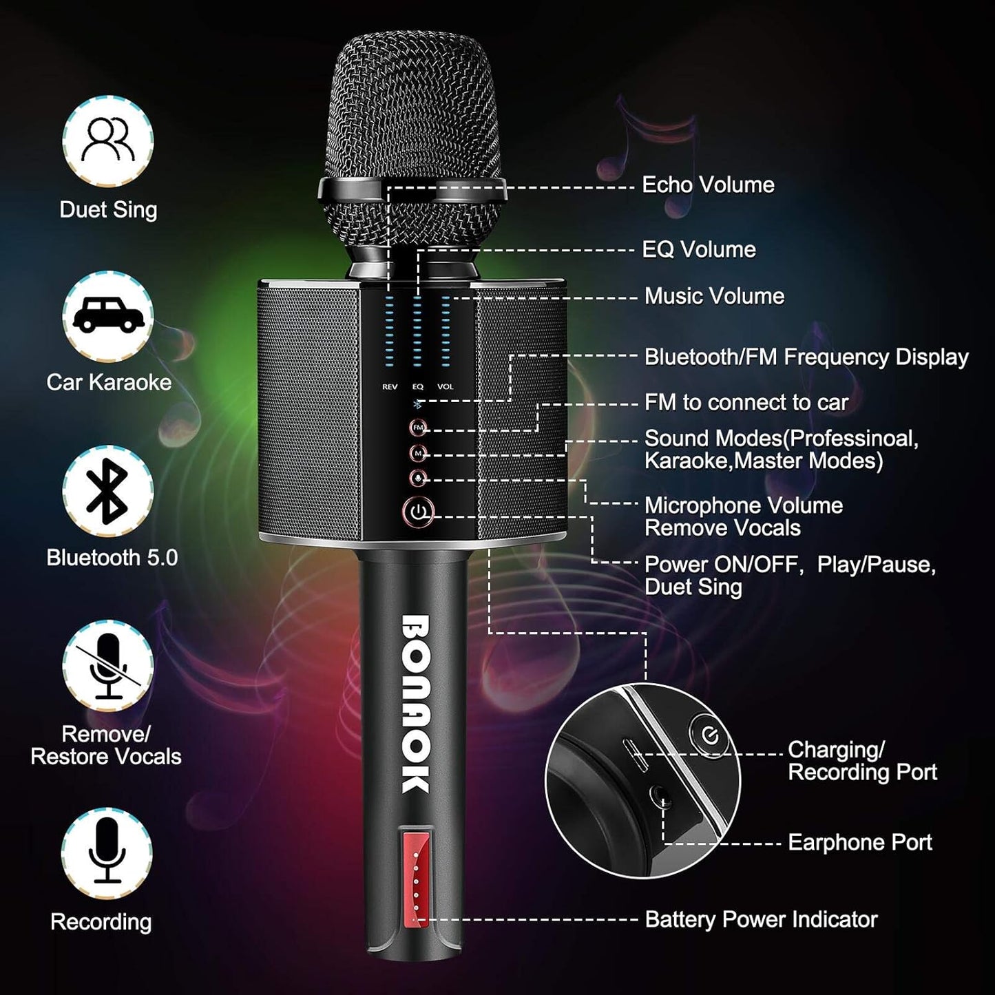 BONAOK Karaoke Microphone, Portable Wireless Bluetooth Karaoke Mic for Adults&Kids Car Home Outdoor Party, Karaoke Machine for PC/All Smartphone G50 Black 2025